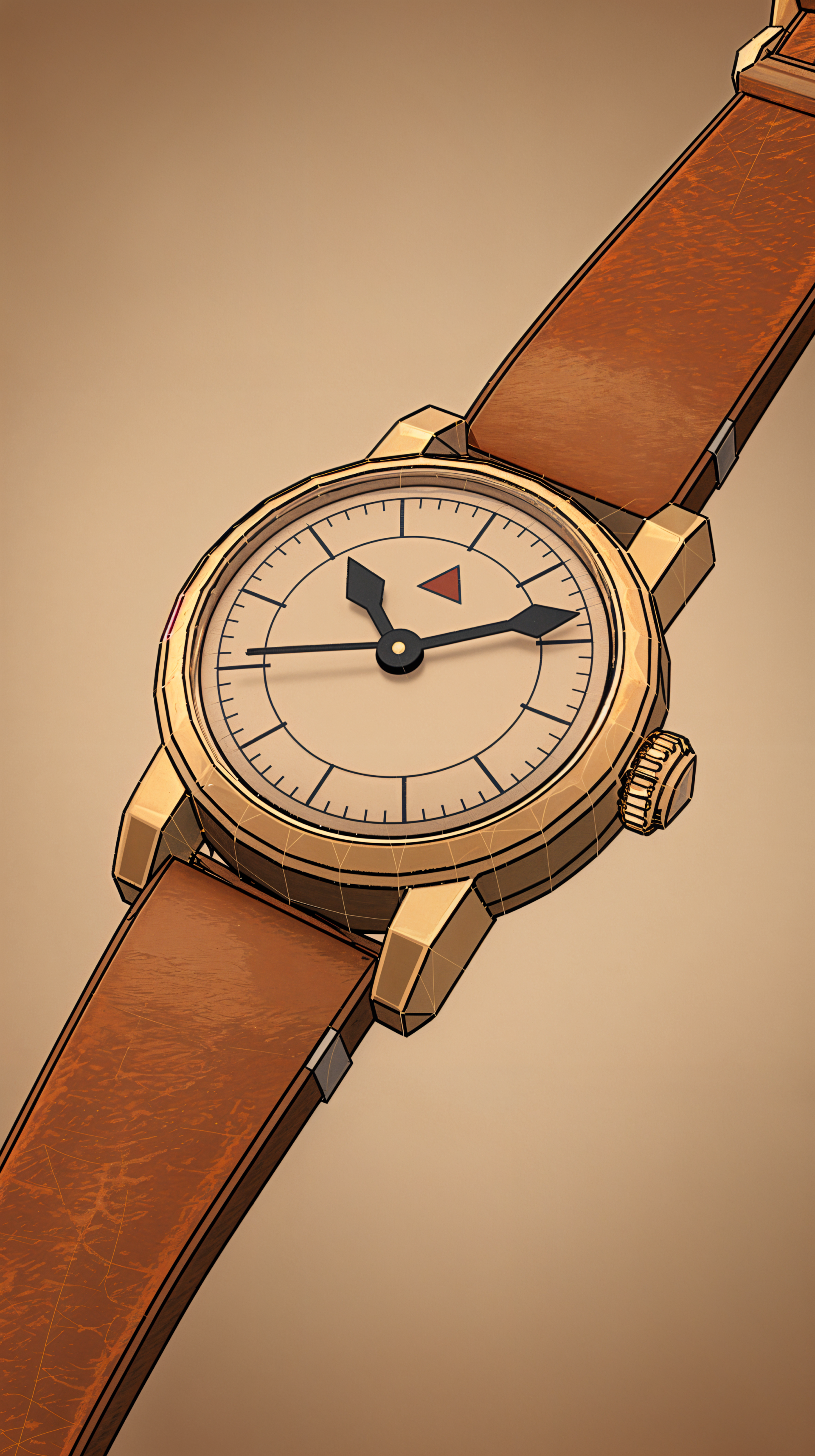 A stylish gold watch with a beige dial and brown leather strap, set against a subtle gradient background, makes for a visually appealing phone wallpaper.