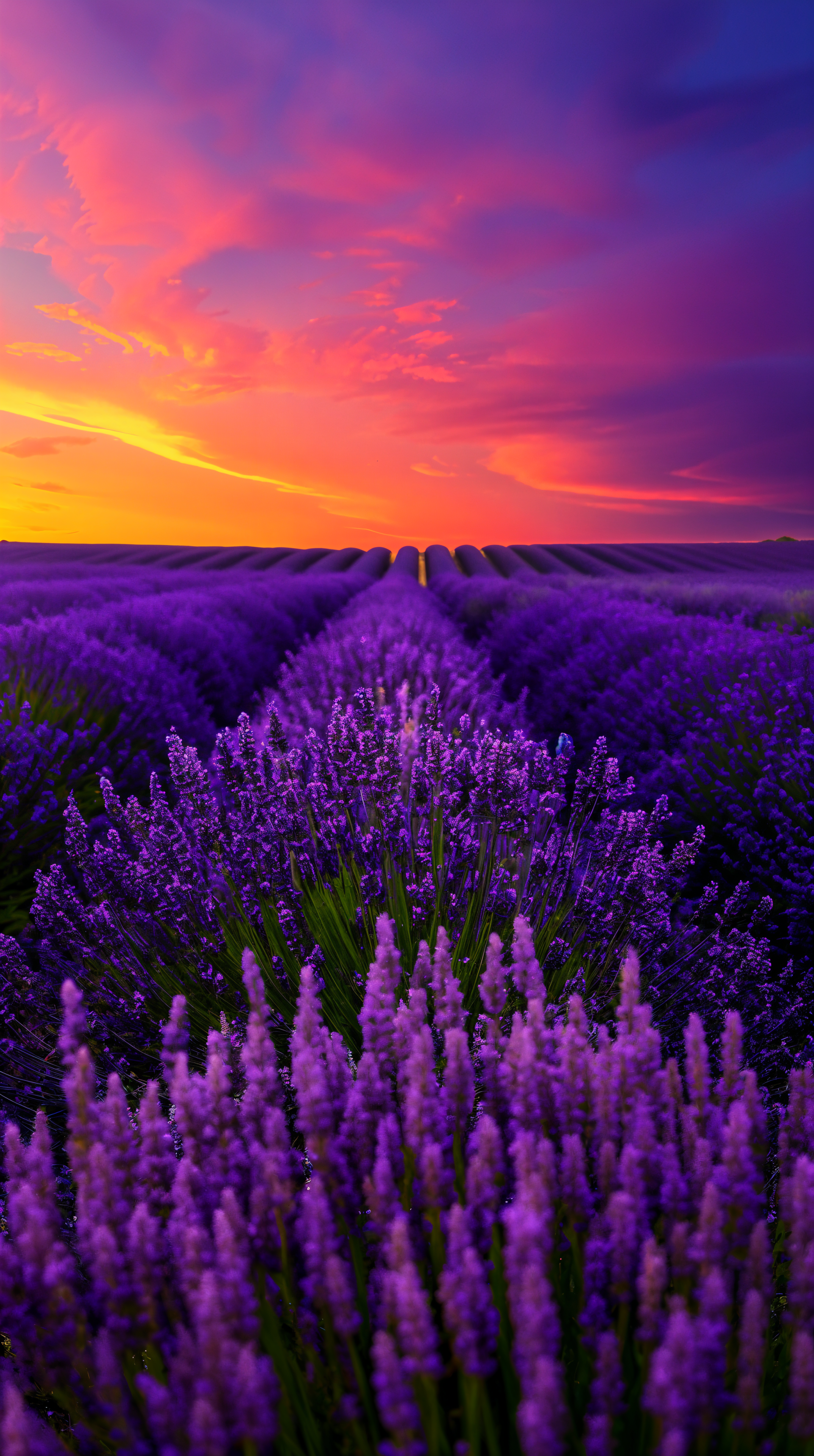 Vibrant lavender fields meet a stunning sunset, creating a serene landscape. This scene makes an enchanting phone wallpaper, inviting tranquility and beauty to your screen.