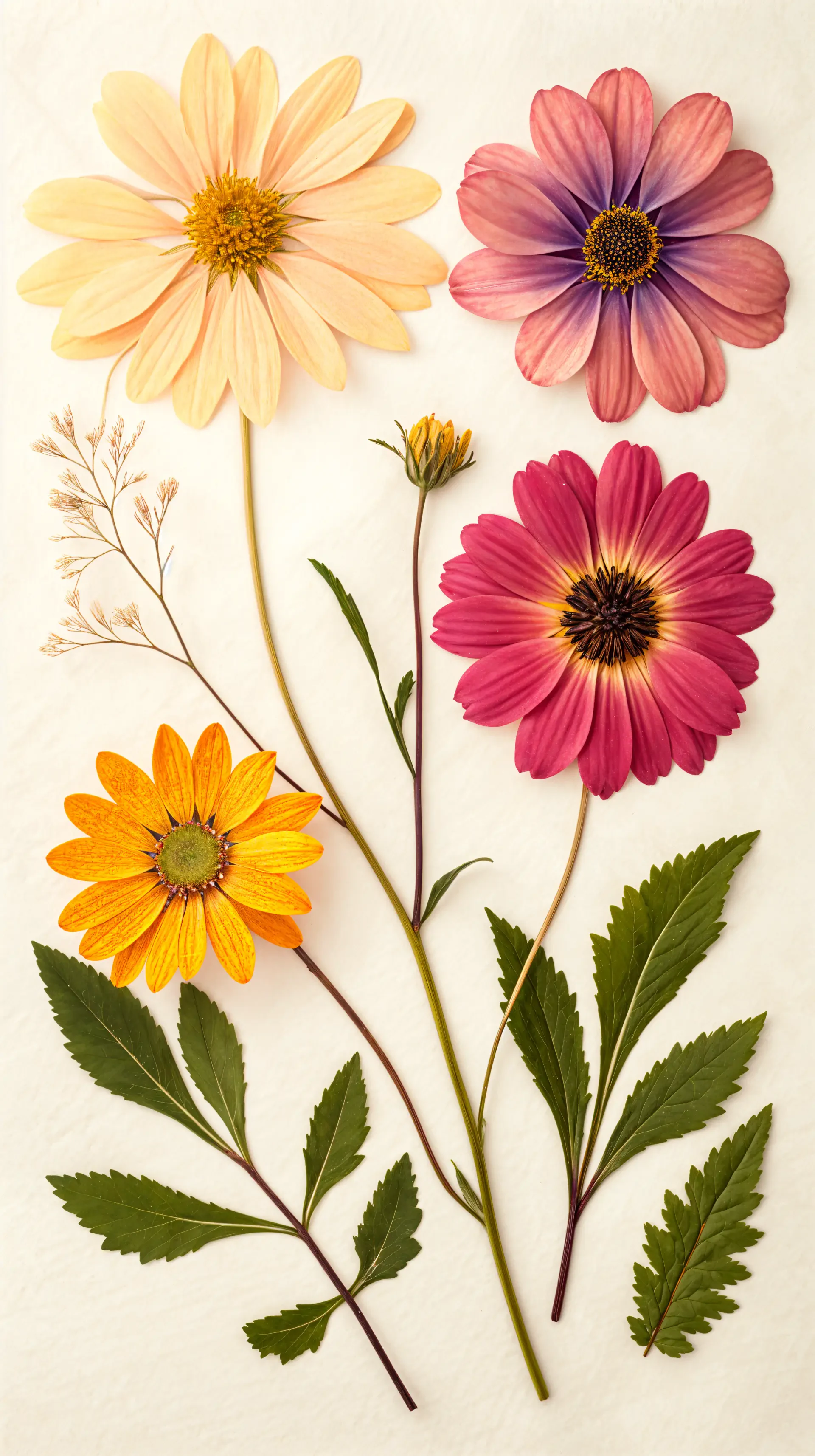 A collection of pressed flowers featuring vibrant blooms in shades of yellow, pink, and purple, alongside green leaves, designed as a charming phone wallpaper.