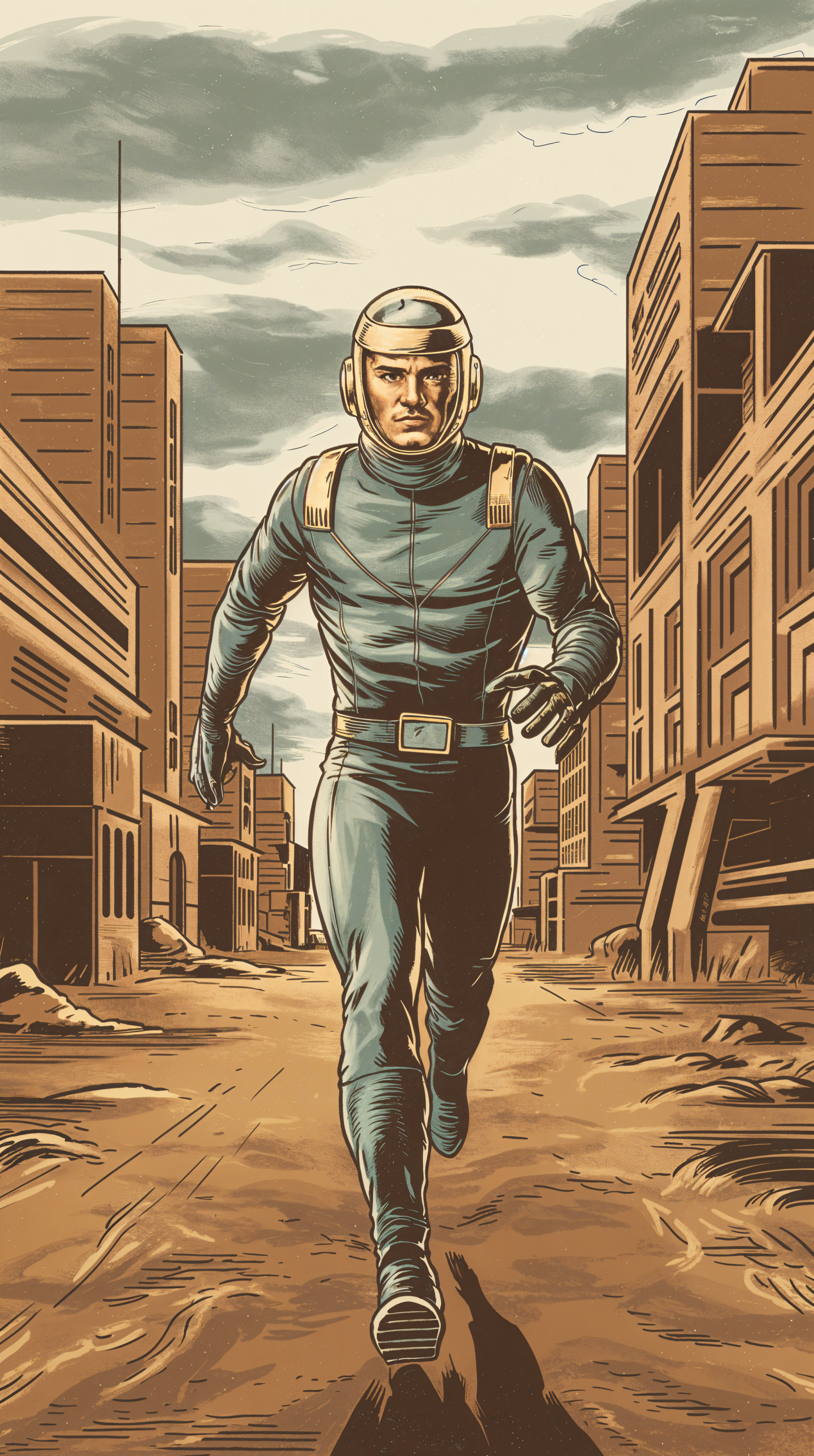 Futuristic urban scene of a man in a sci-fi suit running down a deserted street, designed as a dynamic phone wallpaper for iPhones and Android devices.