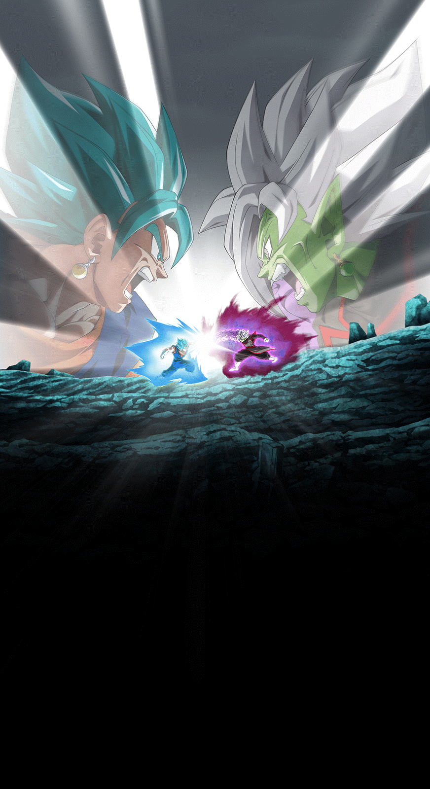Dynamic phone wallpaper featuring Vegito and Zamasu from Dragon Ball Z Dokkan Battle, showcasing their Super Saiyan Blue forms in an intense battle scene.