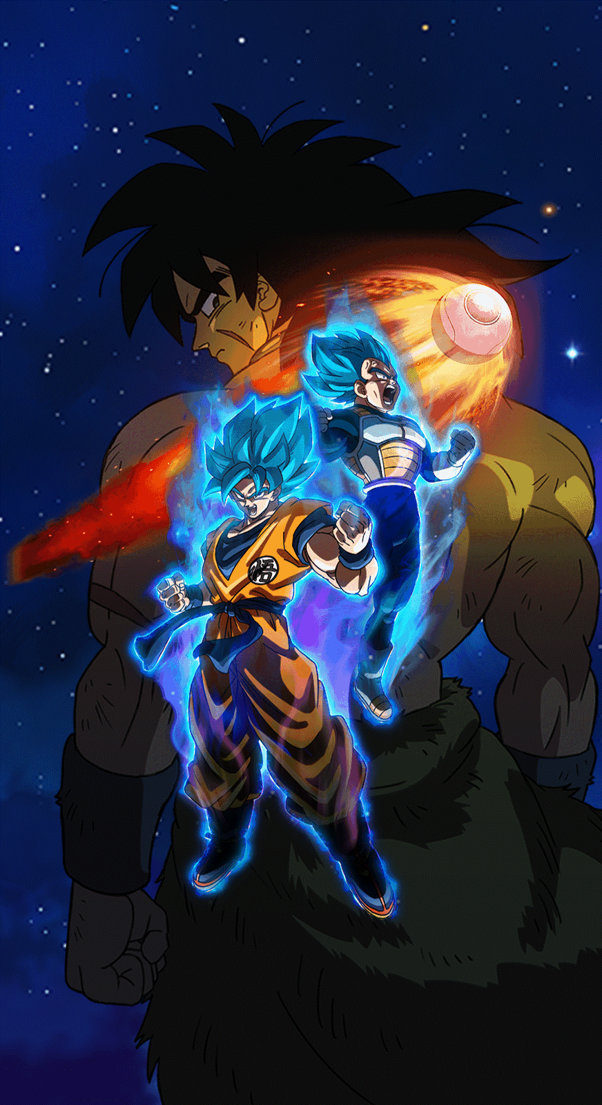Dynamic phone wallpaper featuring Goku and Vegeta in Super Saiyan Blue forms, with a powerful backdrop of a fierce foe from Dragon Ball Z Dokkan Battle.