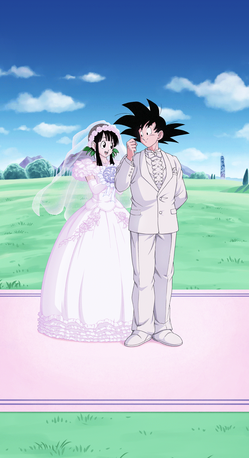 Phone wallpaper featuring Goku and Chi-Chi from Dragon Ball Z Dokkan Battle dressed in wedding attire against a bright blue sky and green landscape background.