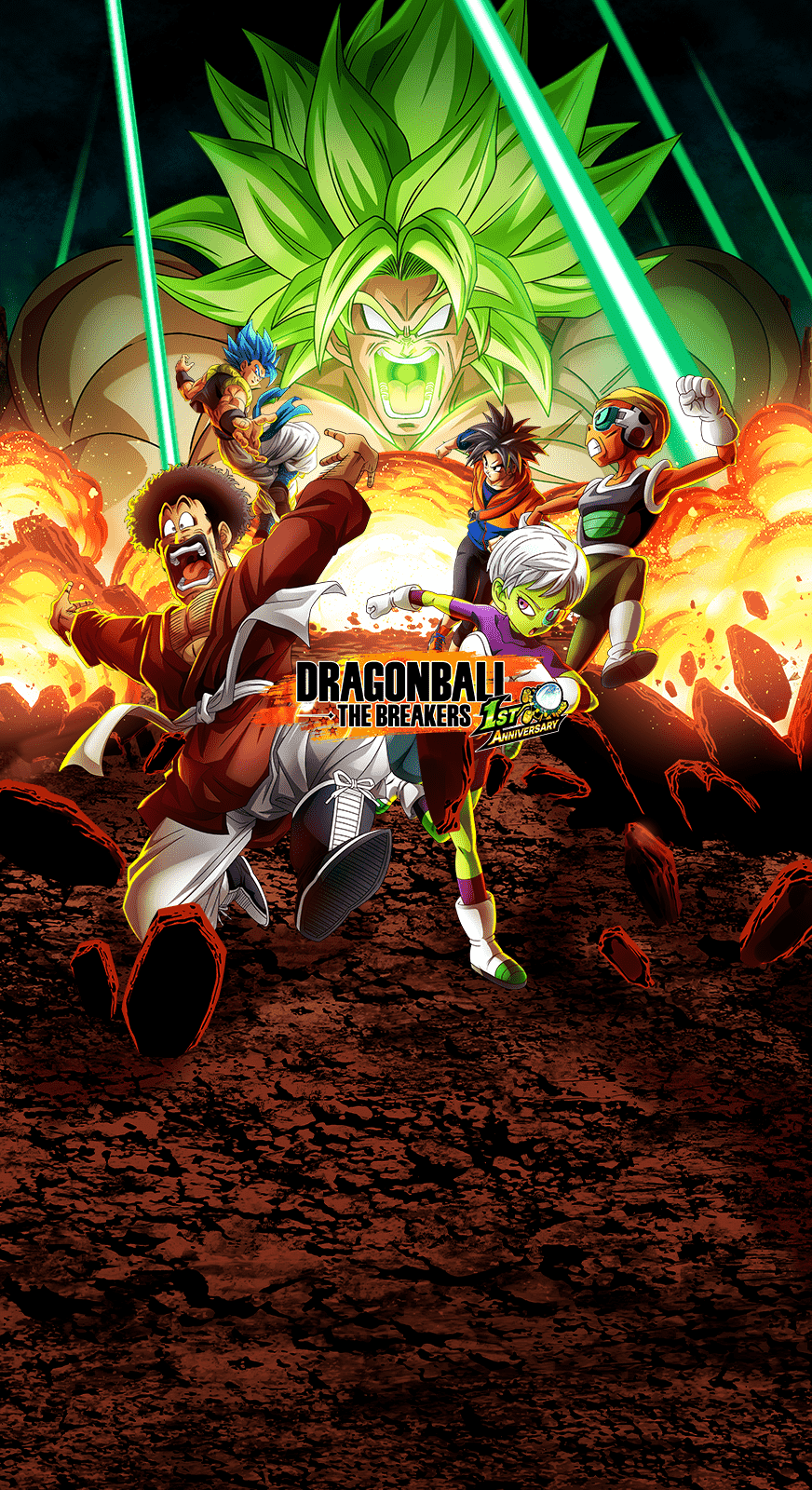 A vibrant phone wallpaper featuring characters from Dragon Ball Z Dokkan Battle, highlighting Super Saiyan Green Broly surrounded by allies in an intense battle scene.