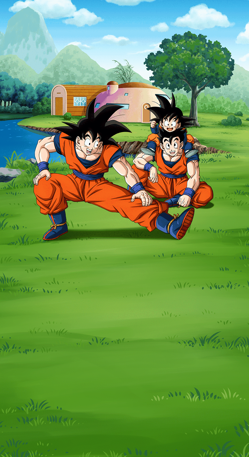 A vibrant phone wallpaper featuring characters from Dragon Ball Z Dokkan Battle: Goku, Gohan, and Gotenks playfully posing in a grassy landscape with a serene lake and mountains in the background.