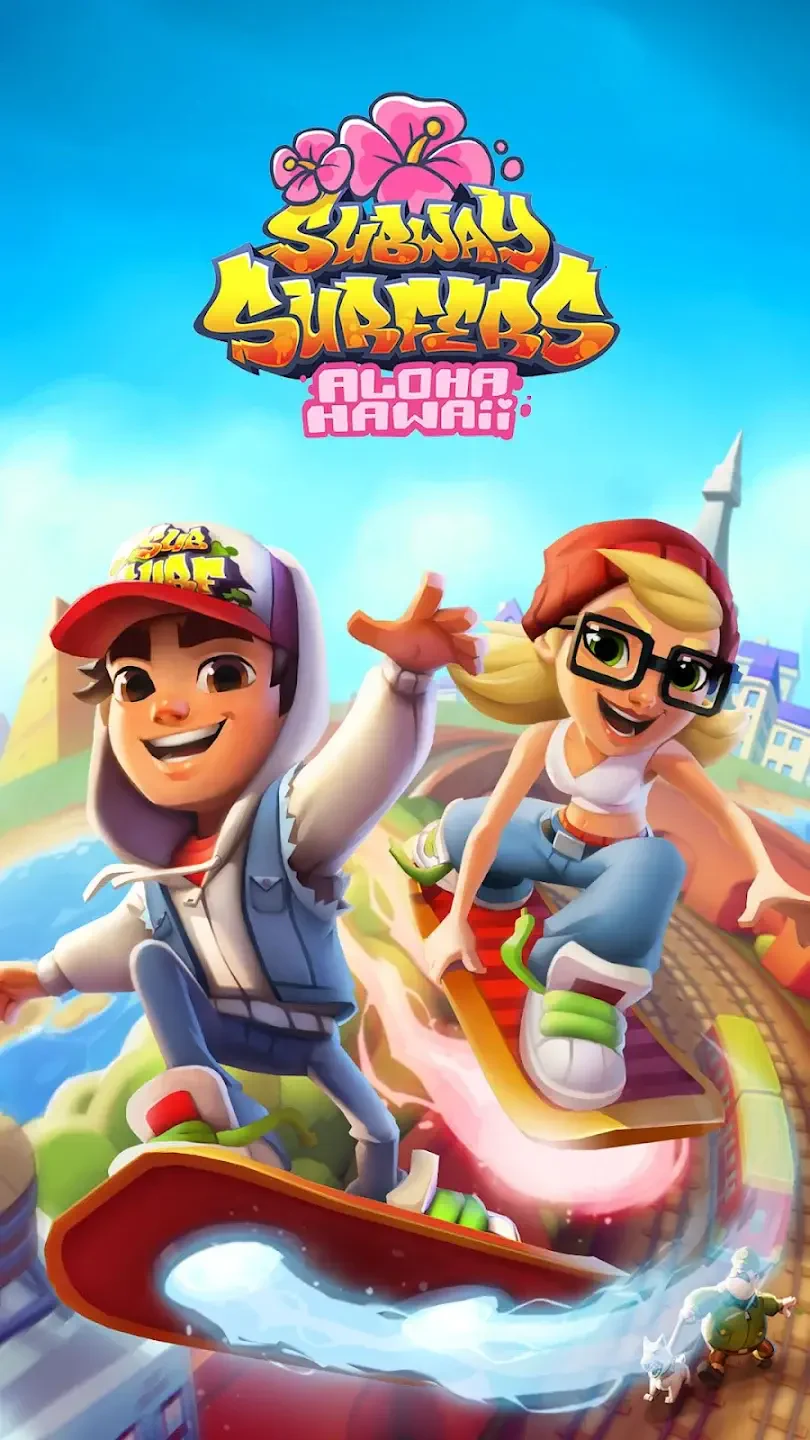 Colorful phone wallpaper featuring characters from the mobile game Subway Surfers, showcasing a vibrant scene of skateboarding in a lively urban setting.