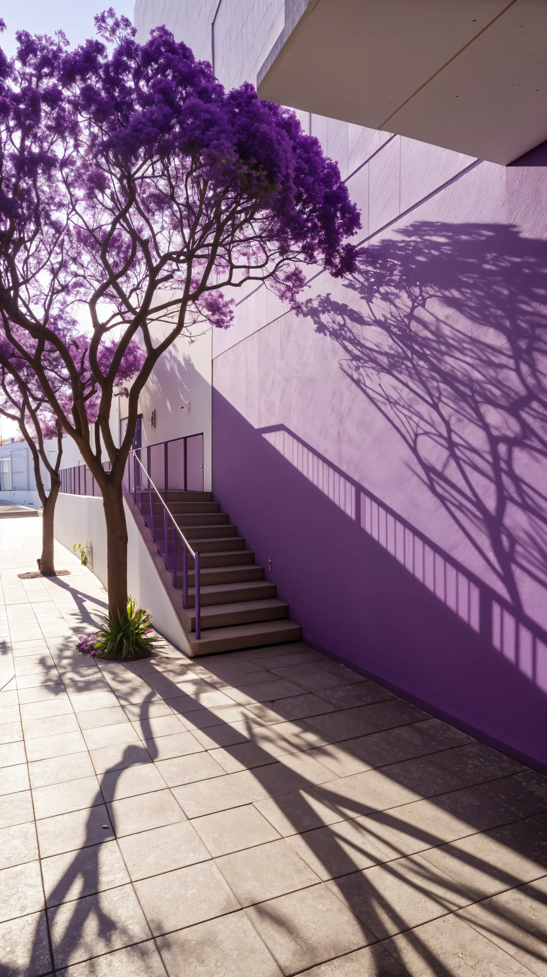 A vibrant violet scene featuring a blossoming tree next to a purple wall, with soft shadows casting on the steps, creating a serene and modern atmosphere for a phone wallpaper.