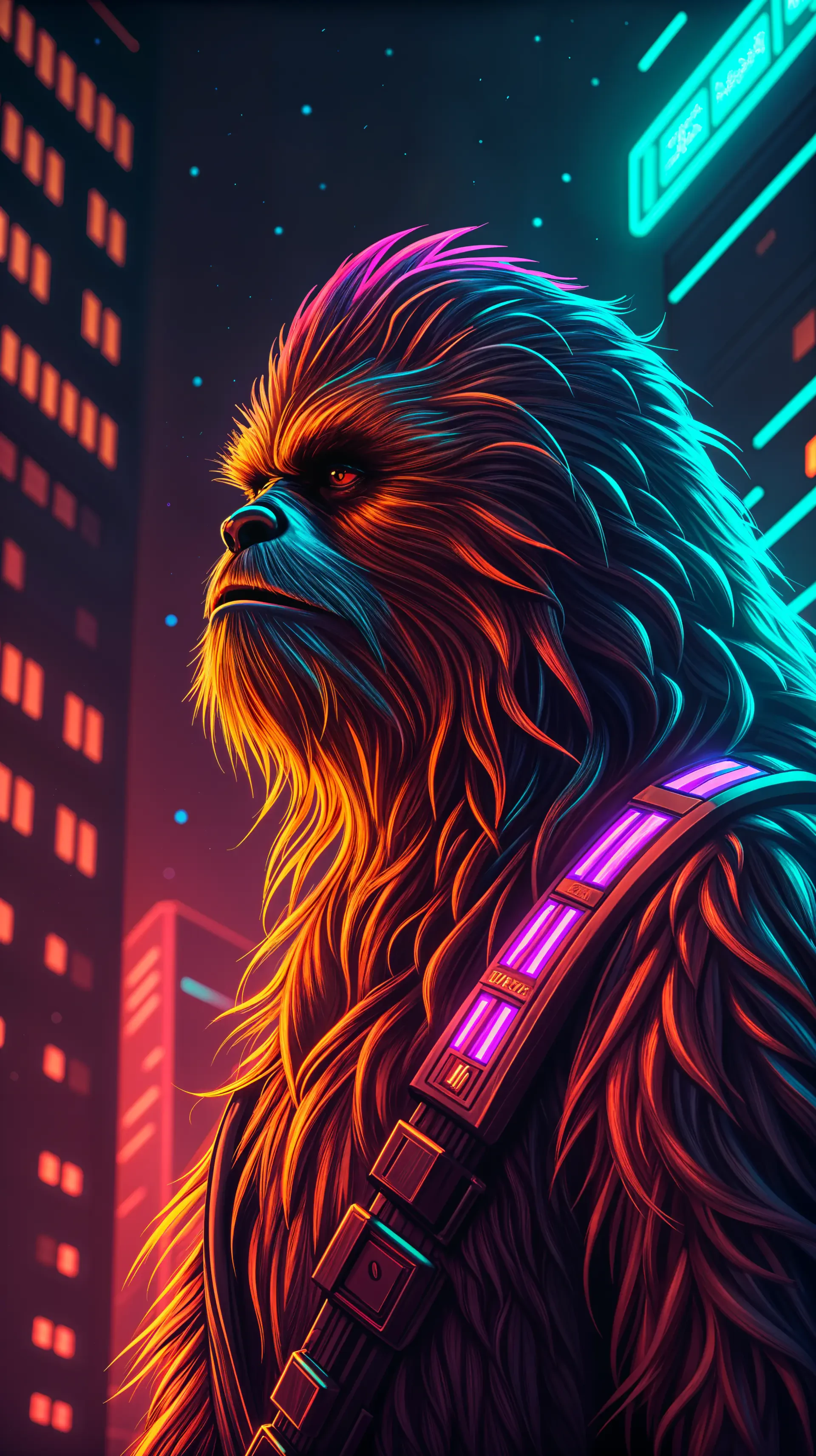 Digital art of Chewbacca in vibrant colors against a neon-lit cityscape background, designed as a sci-fi phone wallpaper compatible with iPhones and Android devices.