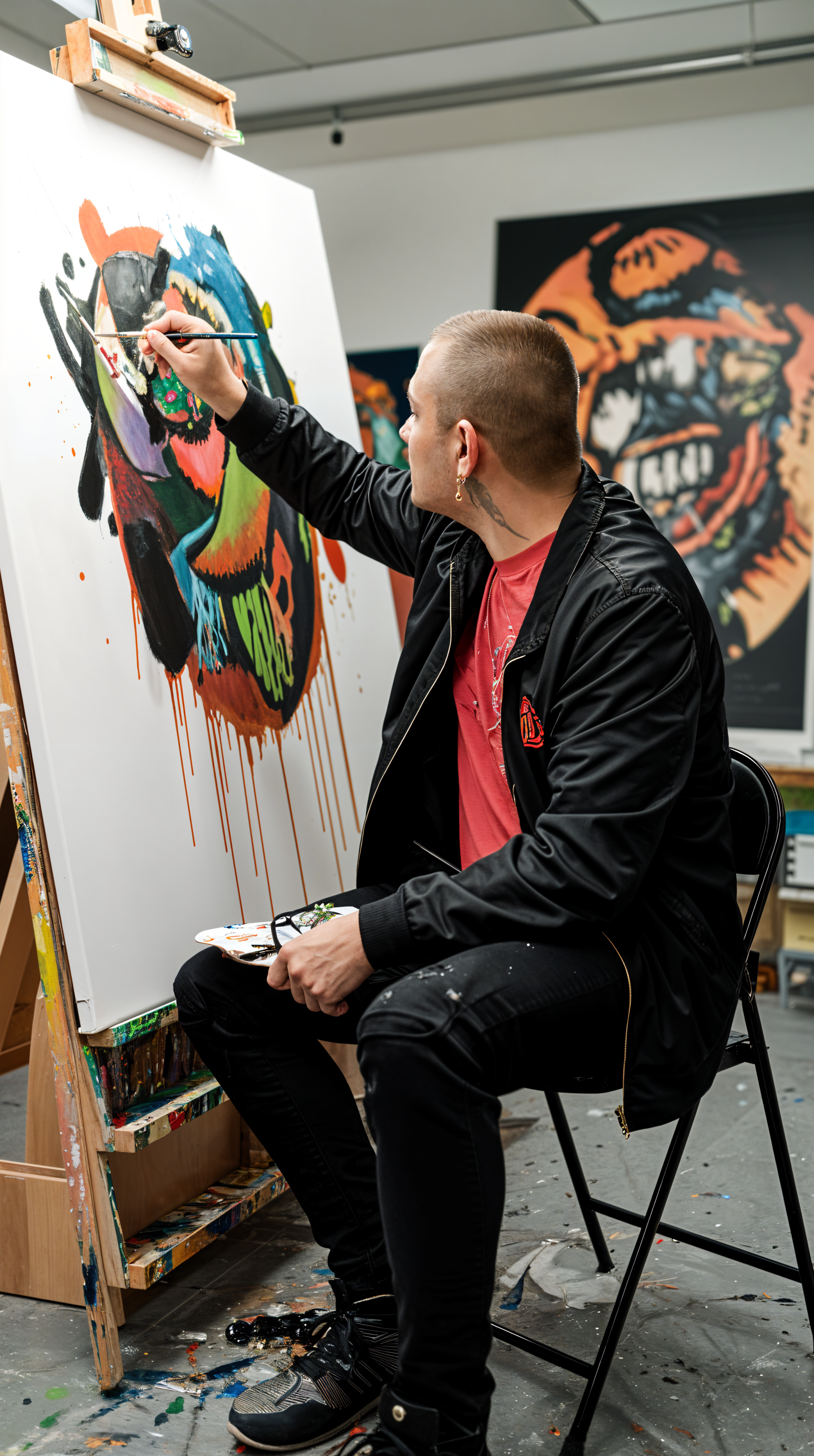 Artist in a studio painting a colorful, expressive portrait on canvas, captured as a dynamic phone wallpaper compatible with iPhones and Android devices.