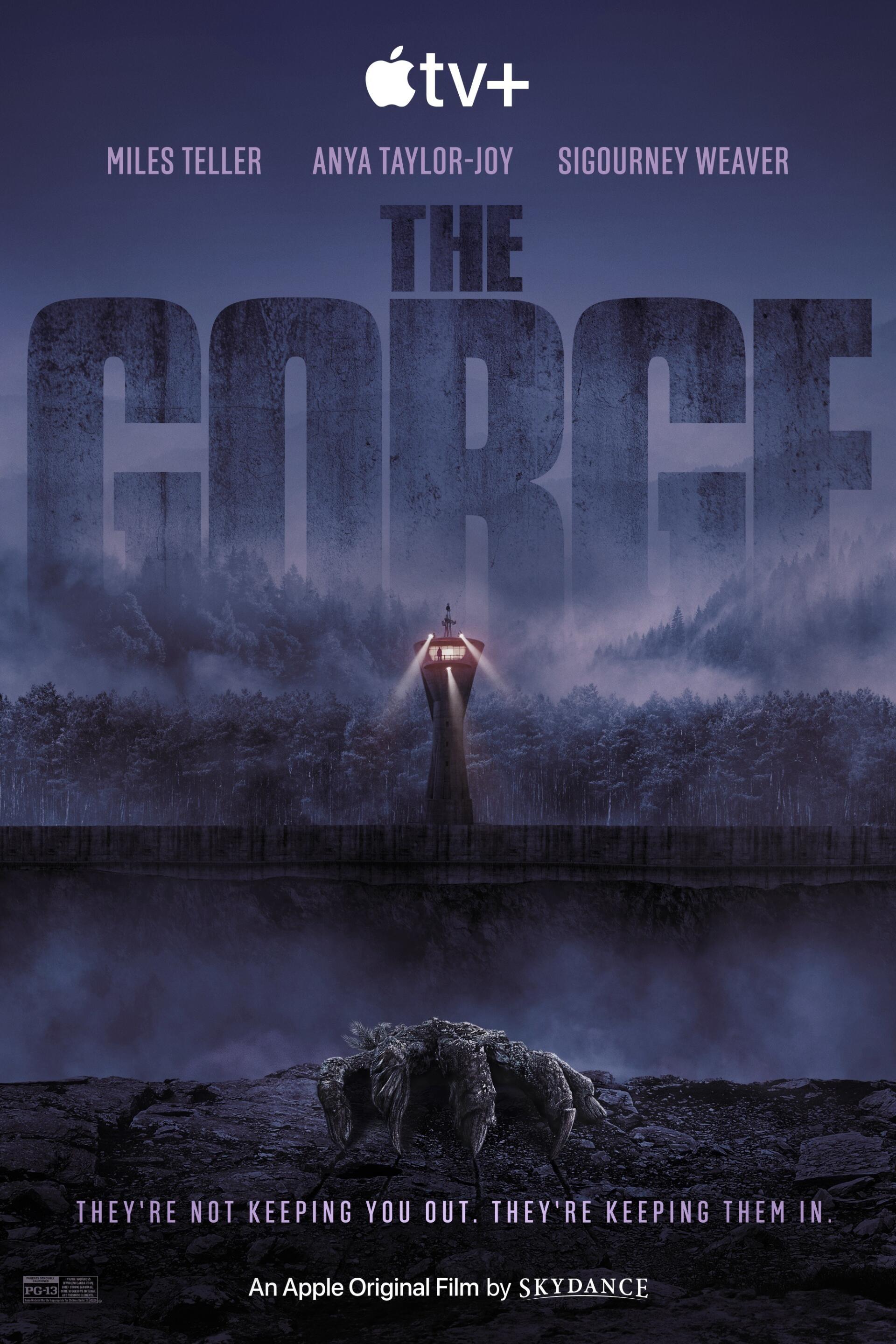 A dark, atmospheric phone wallpaper for the movie The Gorge (2025), featuring ominous landscapes and the tagline: They're not keeping you out, they're keeping them in.