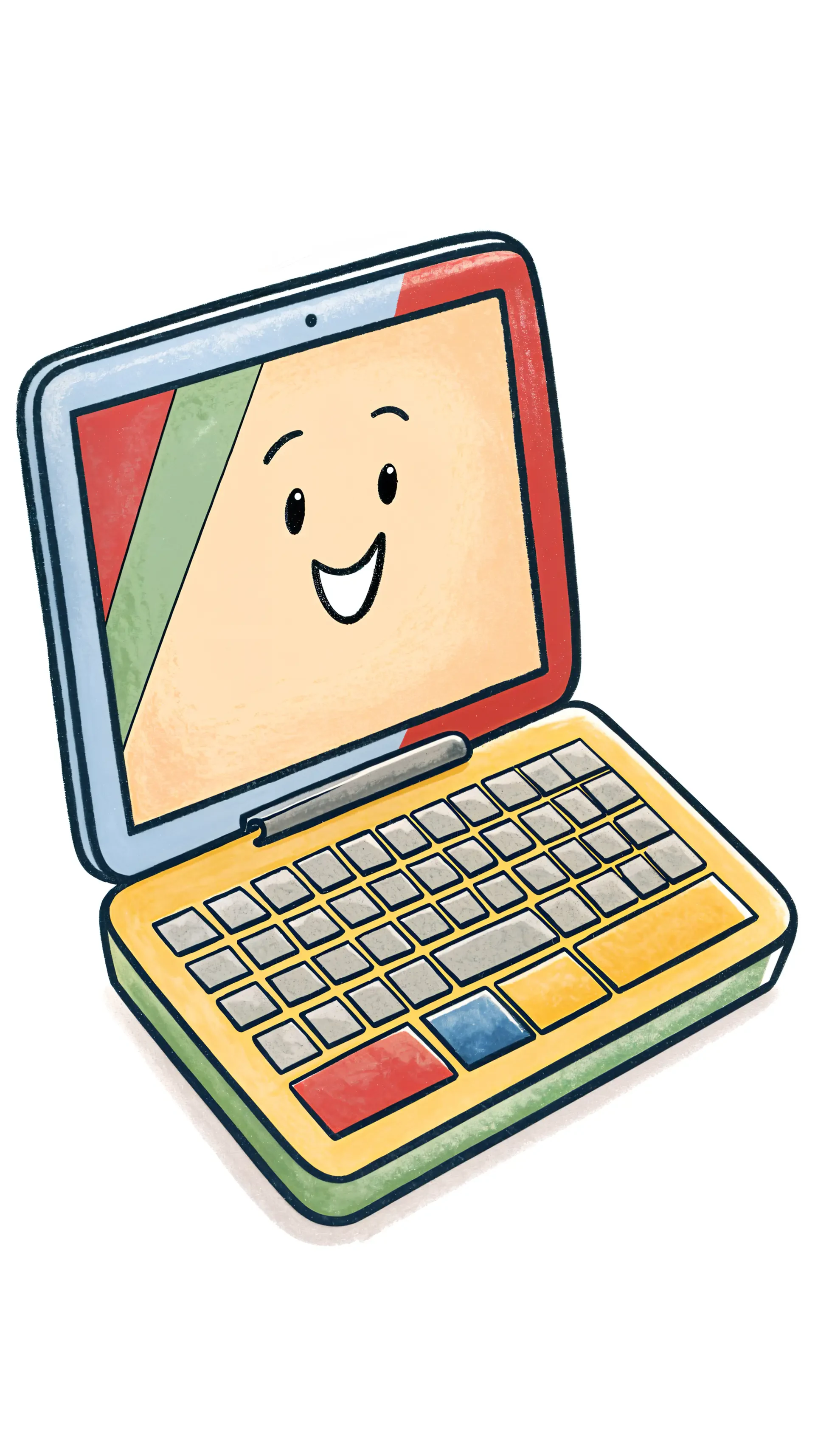 A cheerful cartoon laptop with a smiling face and a colorful keyboard, designed as a playful phone wallpaper.