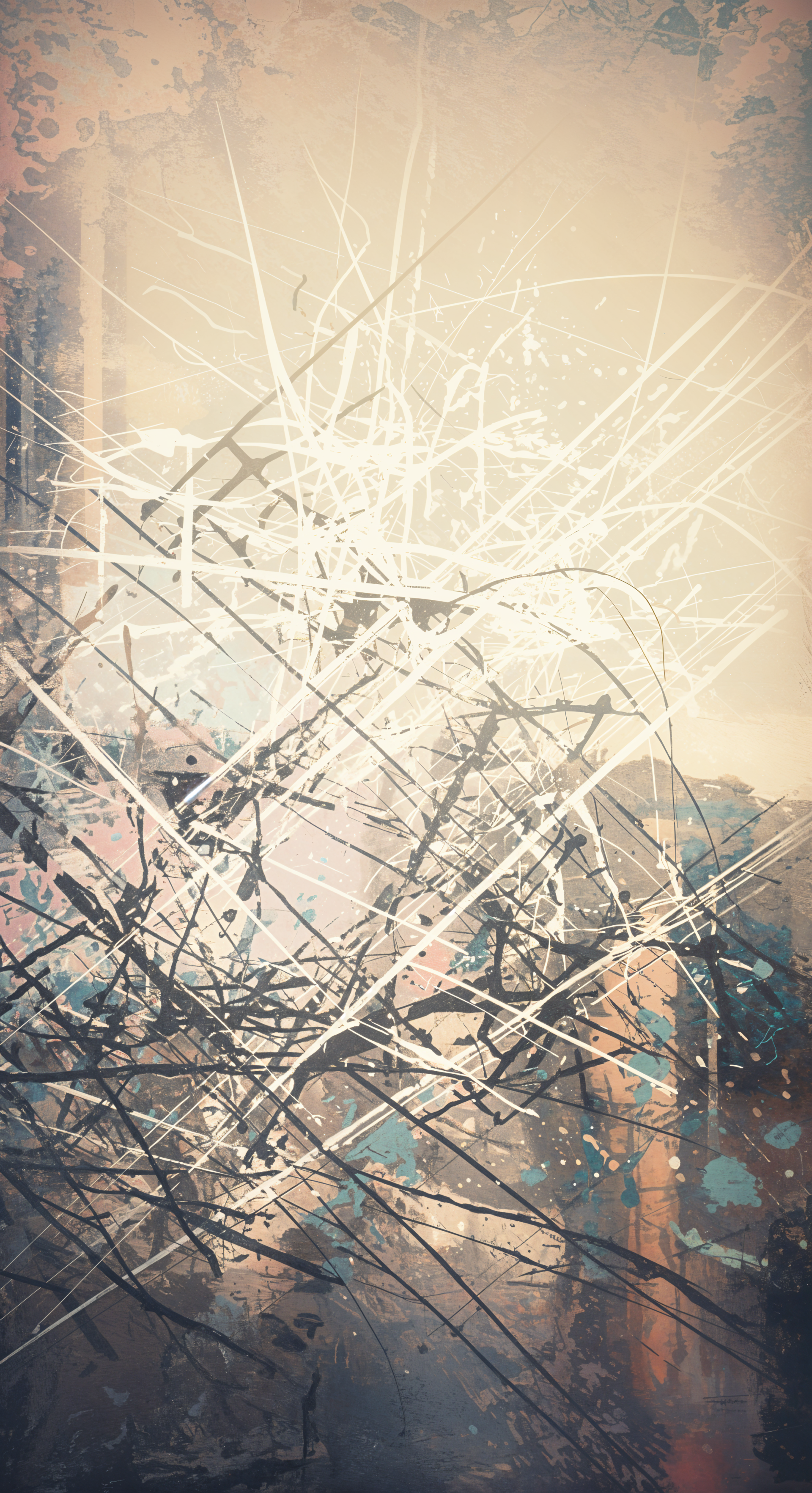 Abstract soft grunge wallpaper featuring a blend of muted colors and chaotic lines, creating a textured and layered visual effect.