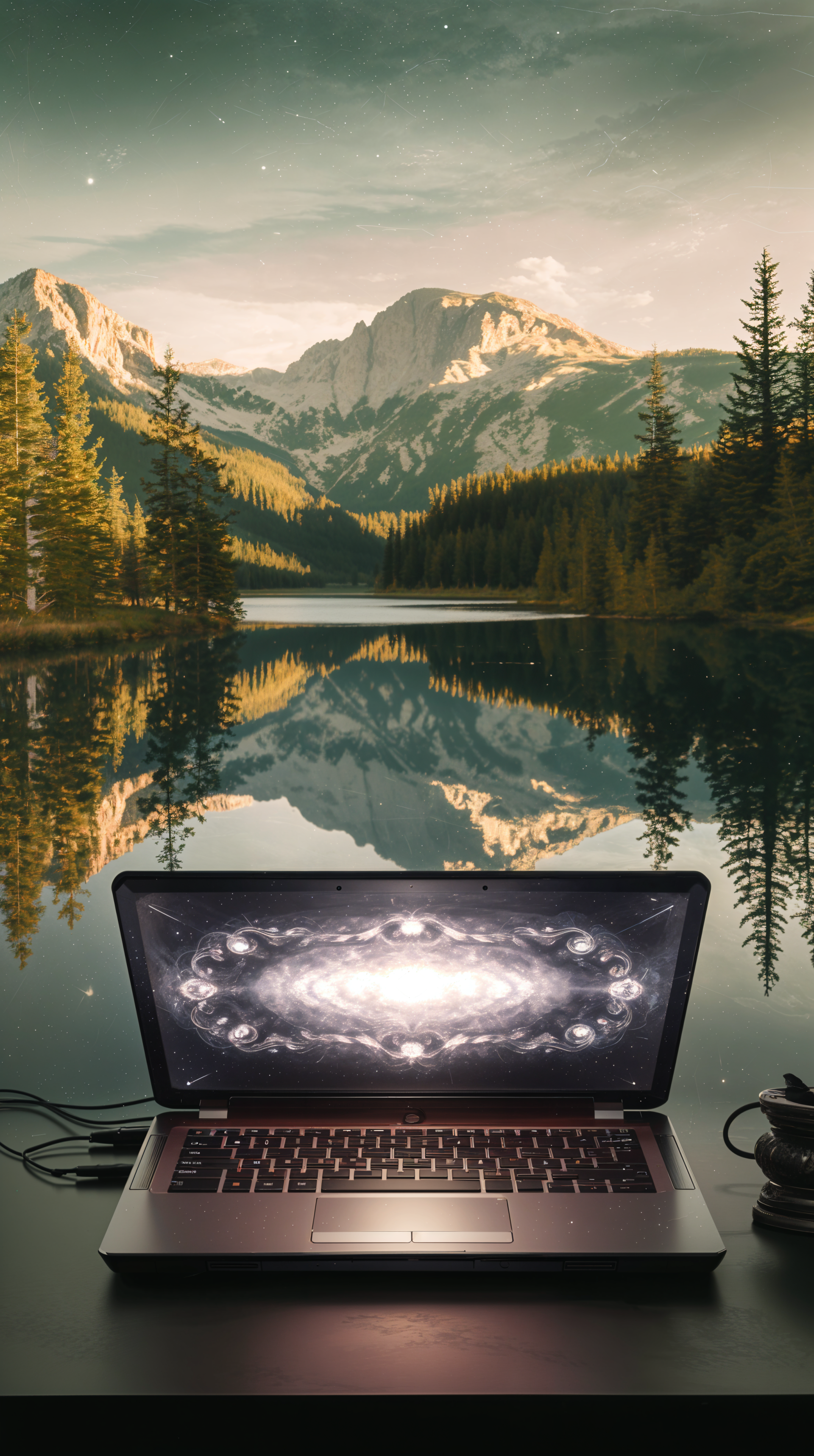 A serene mountain landscape reflected in a lake, featuring a laptop with an abstract design on the screen, serves as an engaging phone wallpaper.