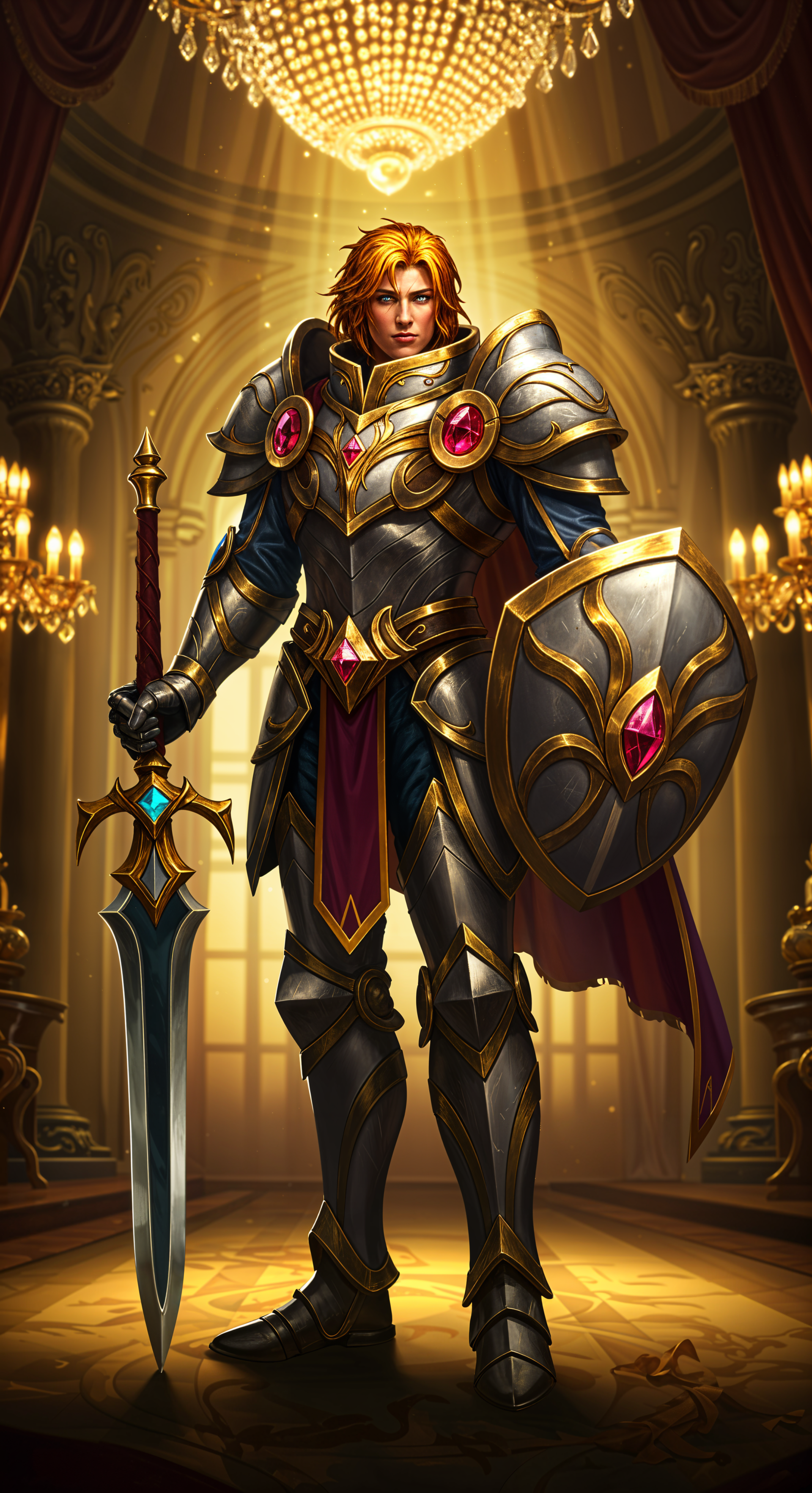 A striking phone wallpaper featuring Taric from League of Legends, depicted in ornate armor with a gleaming sword and shield, illuminated by soft light in an opulent hall.