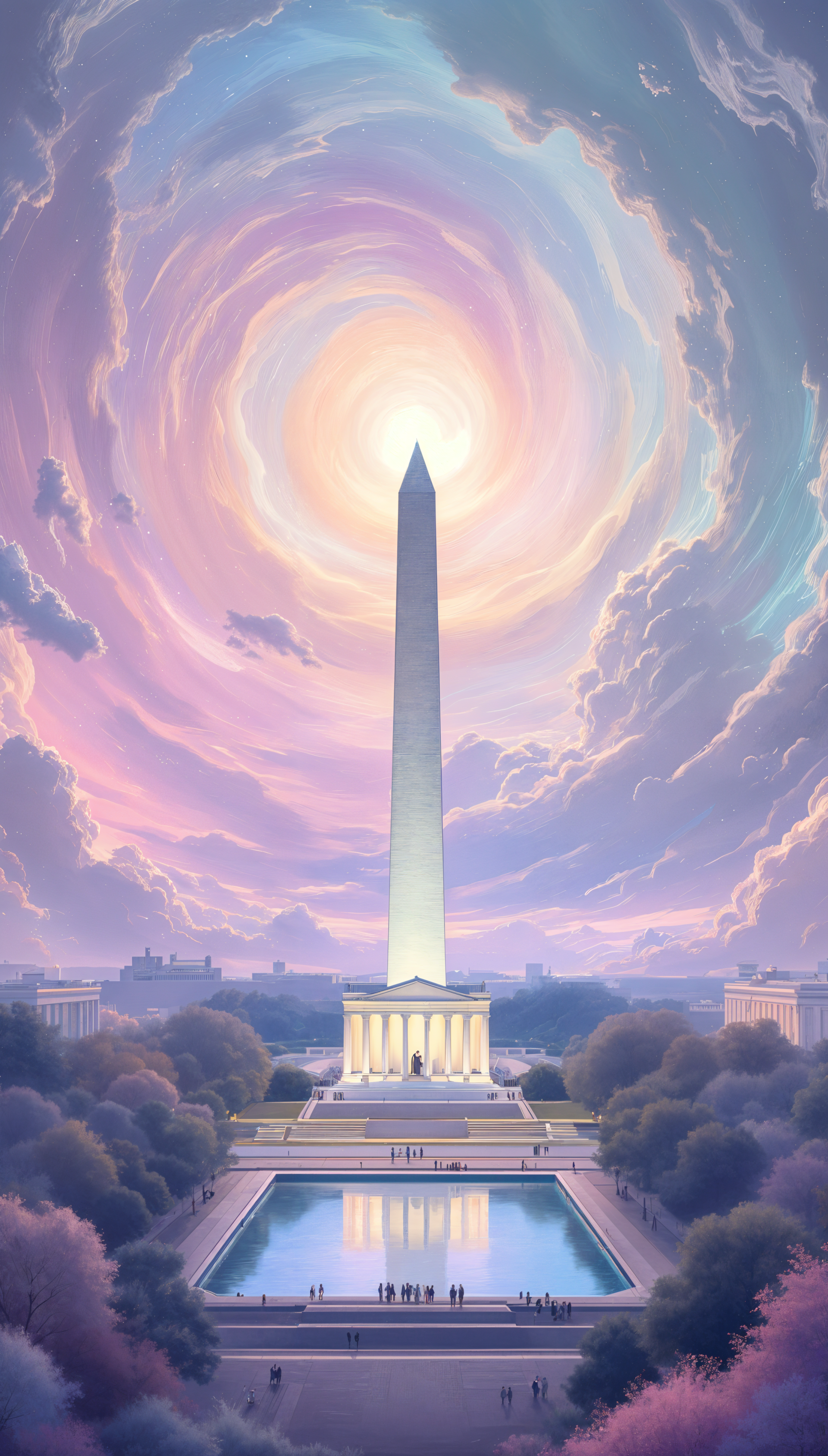 Phone wallpaper of the Washington Monument in Washington D.C., framed by a swirling pastel cloud sky, reflecting in the pool below. Works on iPhone and Android screens.