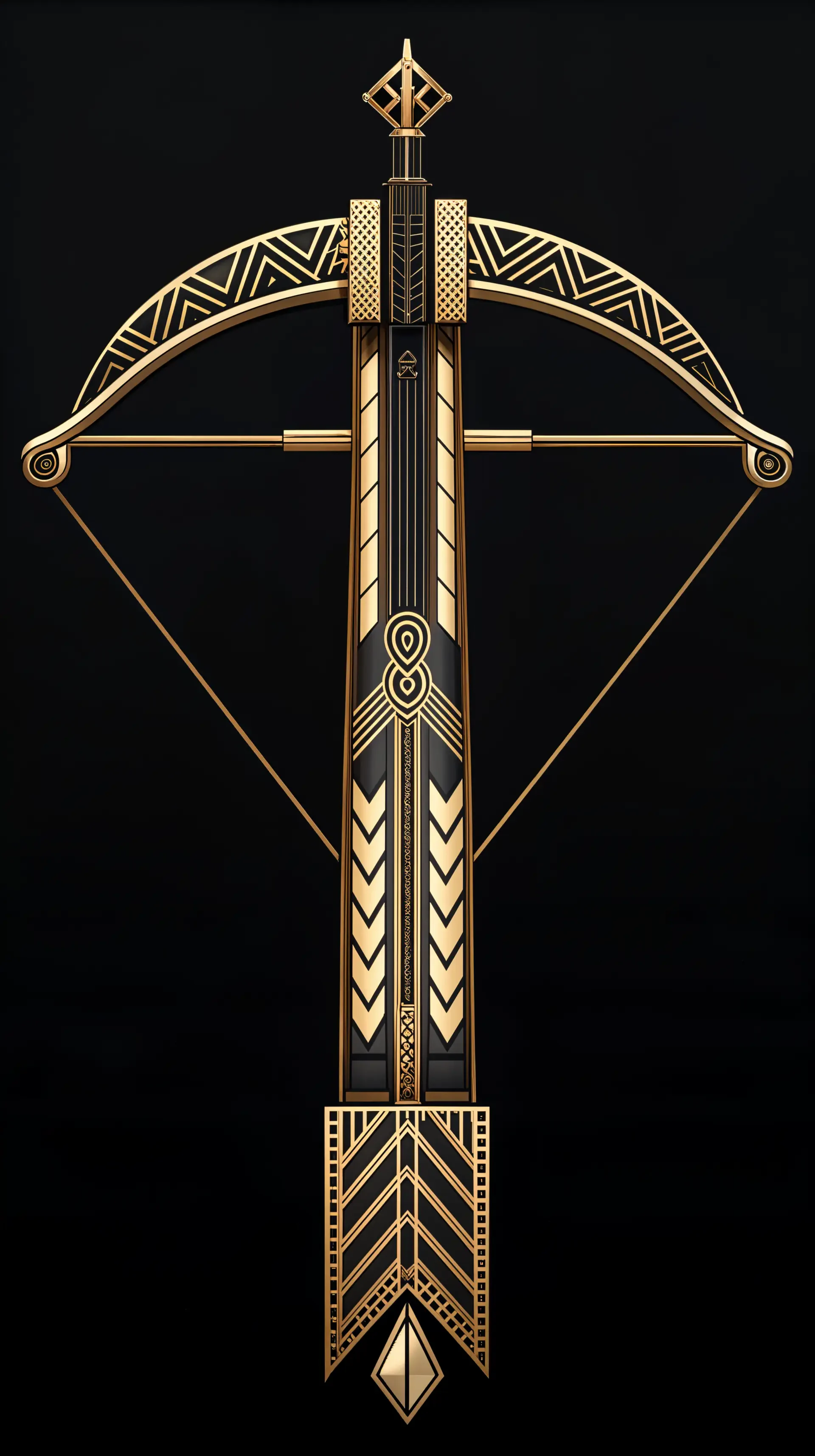 A stylized, ornate crossbow design in gold and black, set against a dark background, makes for an eye-catching phone wallpaper.
