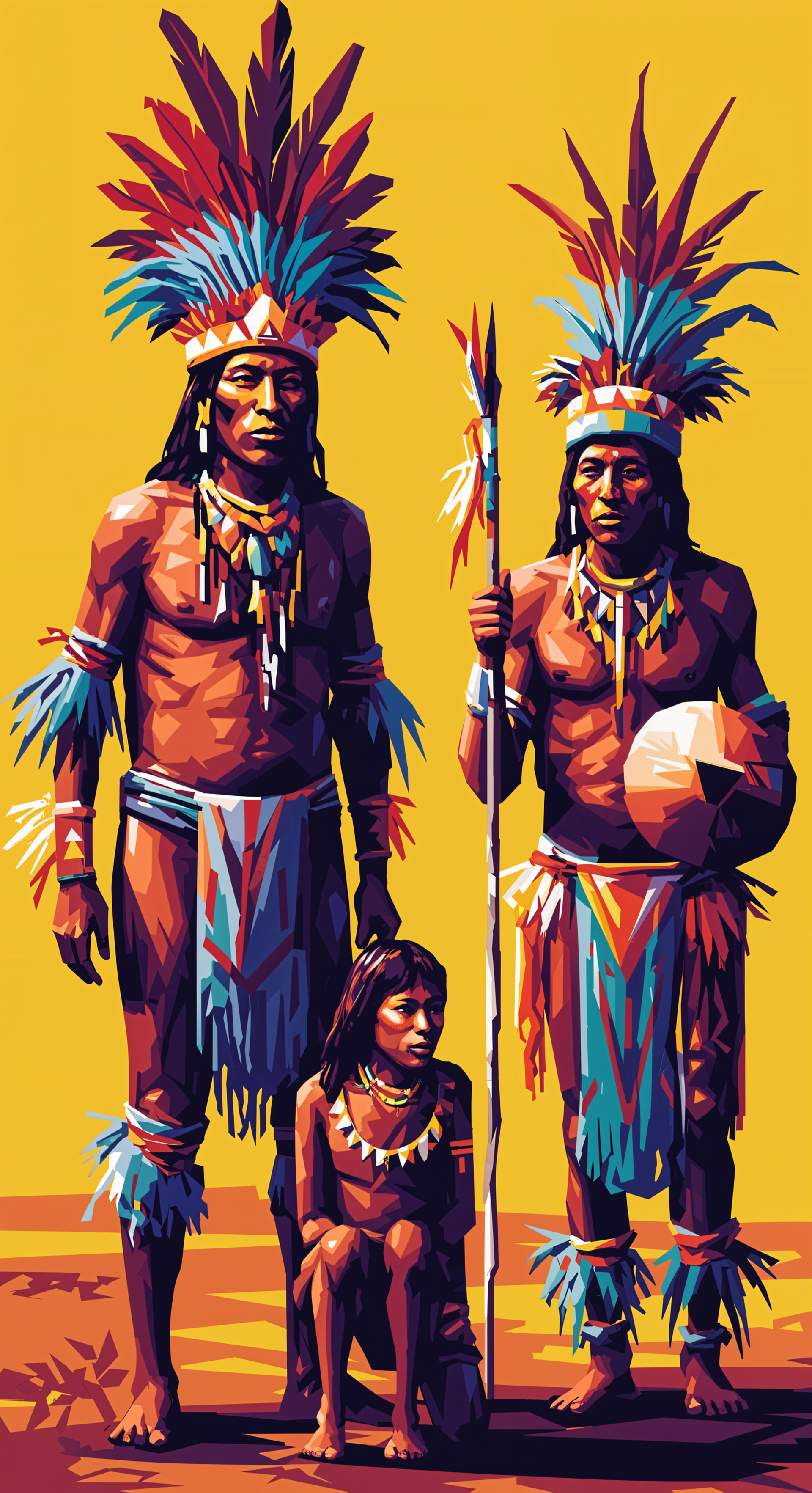 A vibrant tribal-themed phone wallpaper depicting three figures adorned in traditional attire, featuring elaborate feathers and accessories against a bold yellow background.