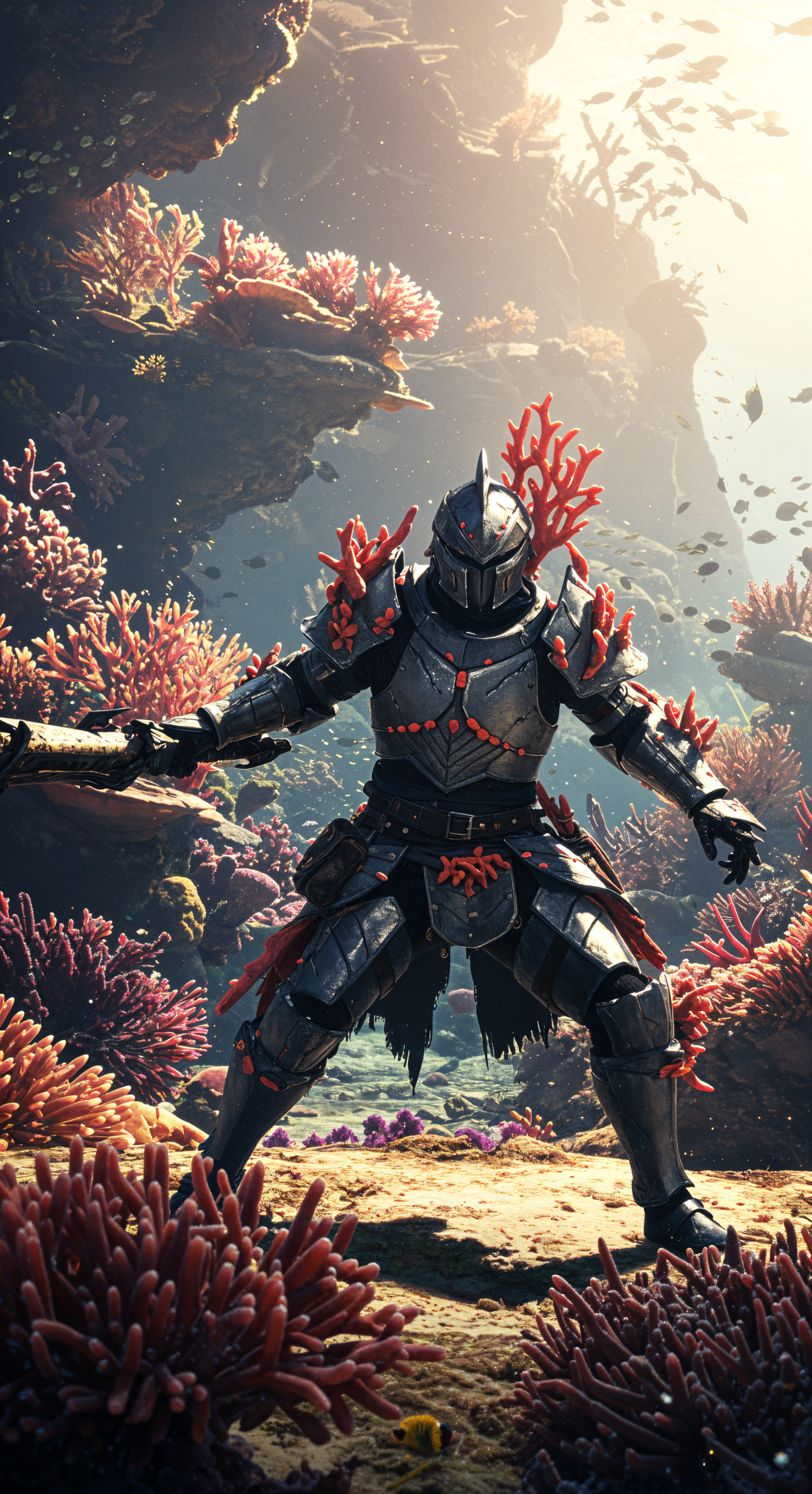 Underwater fantasy scene featuring a Monster Hunter knight in dark armor adorned with red coral, surrounded by vibrant coral reefs and marine life, designed as a phone wallpaper.