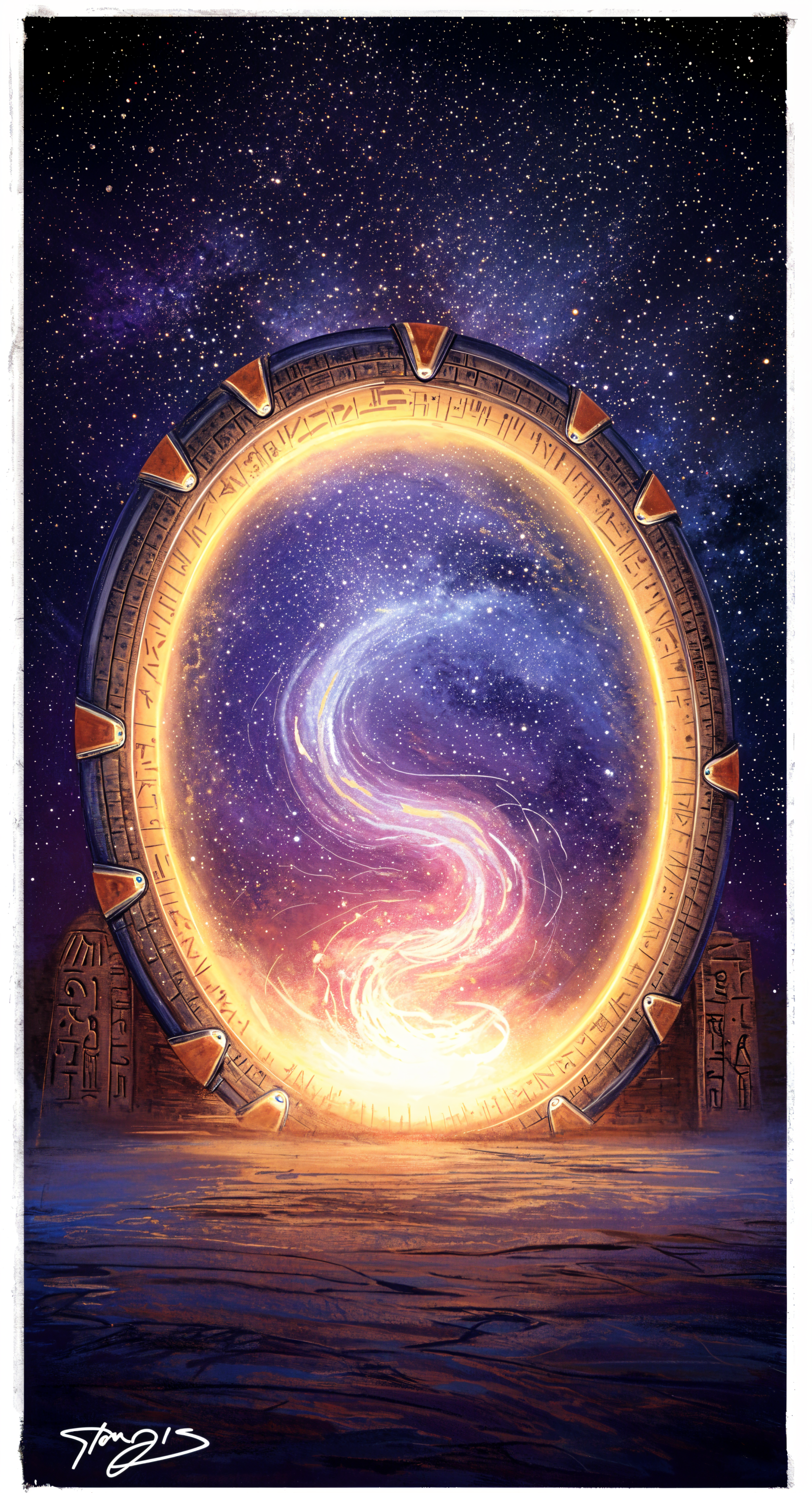 A vibrant Stargate portal glows against a starry backdrop, surrounded by ancient stone structures, creating a captivating phone wallpaper.