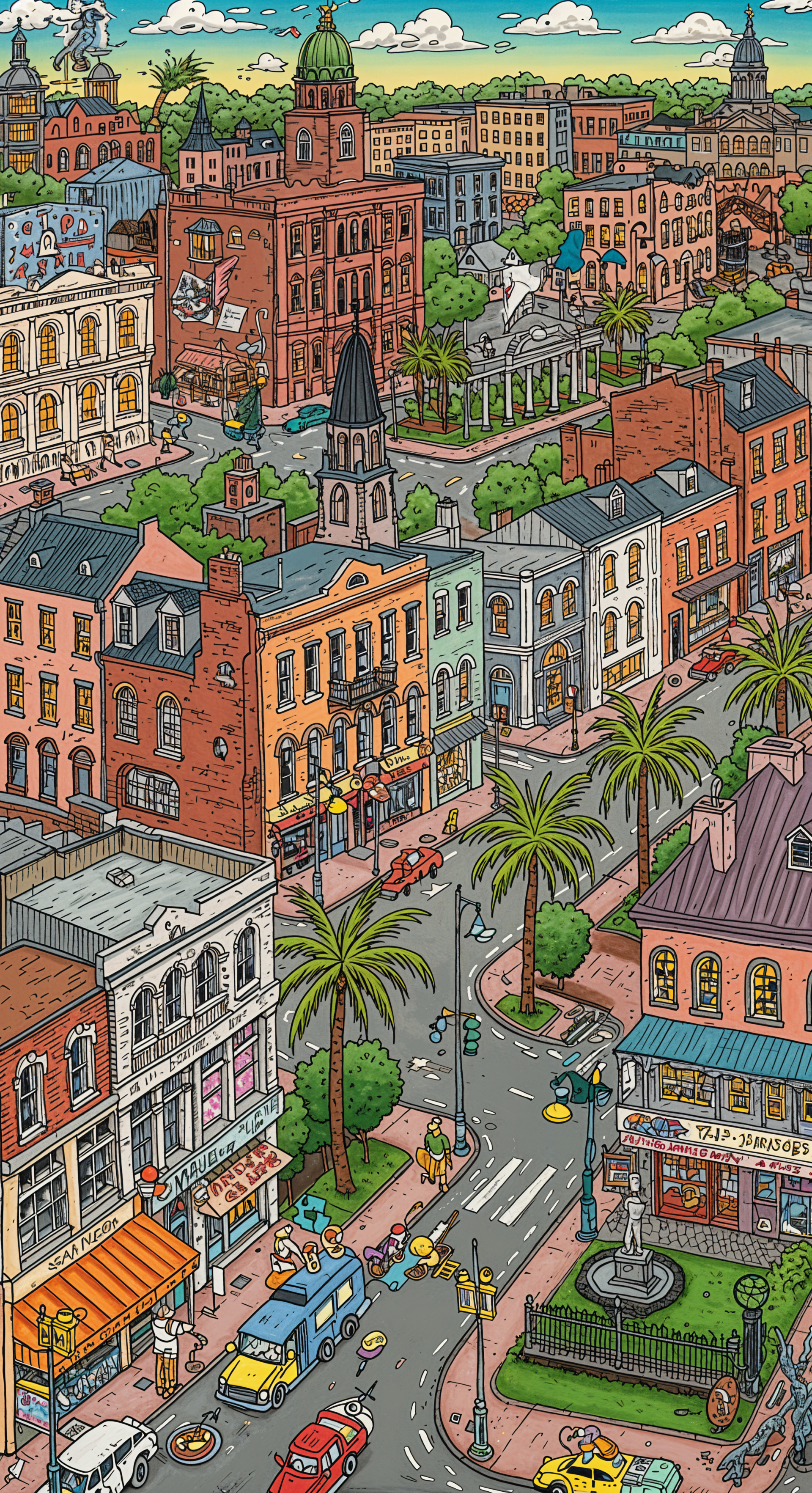 A vibrant cityscape wallpaper featuring colorful buildings, palm trees, and bustling streets, capturing a lively urban atmosphere under a bright, cloud-dotted sky.