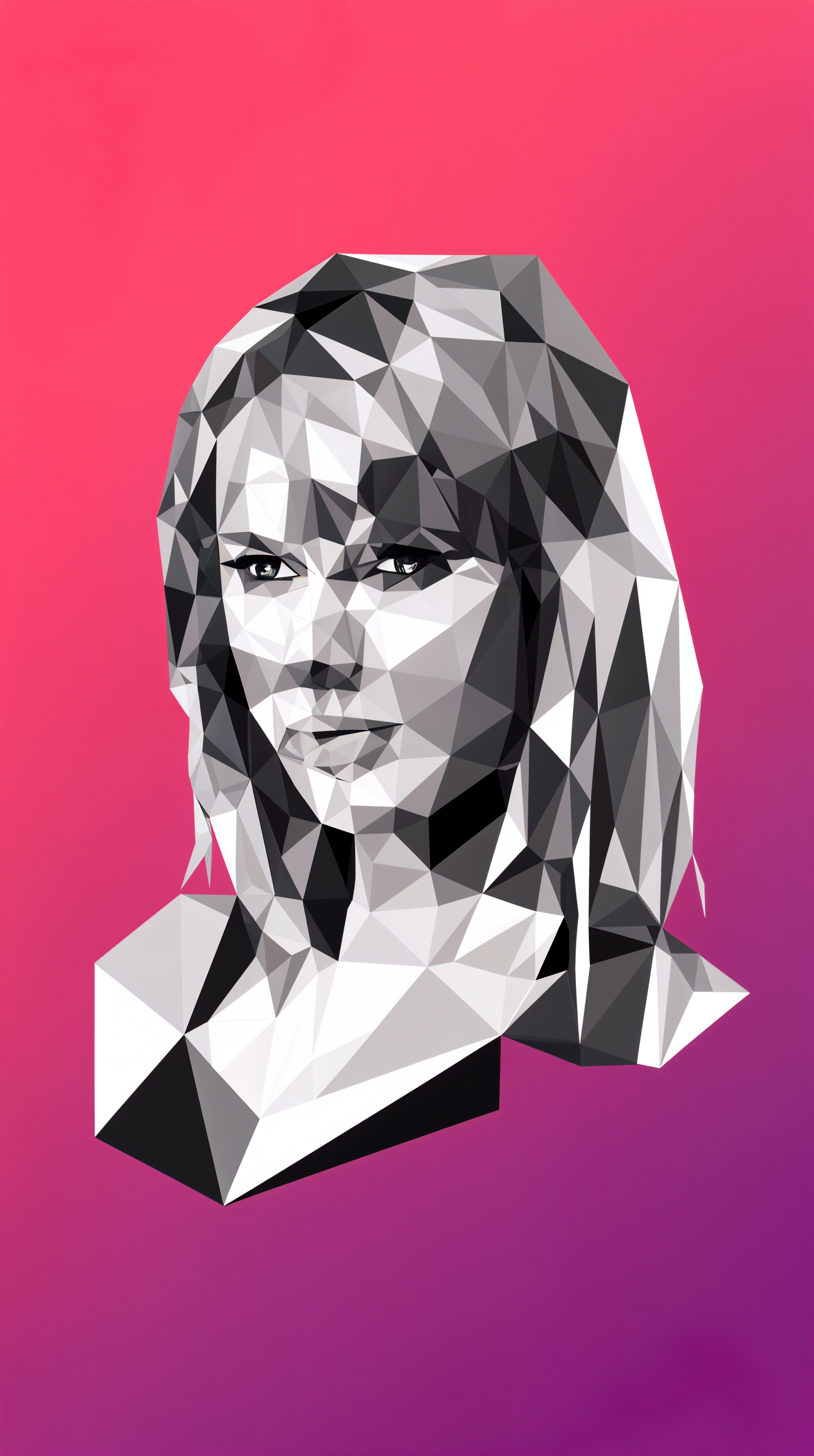 A stylized geometric illustration of Taylor Swift's face, set against a vibrant pink and purple gradient, designed as a phone wallpaper.