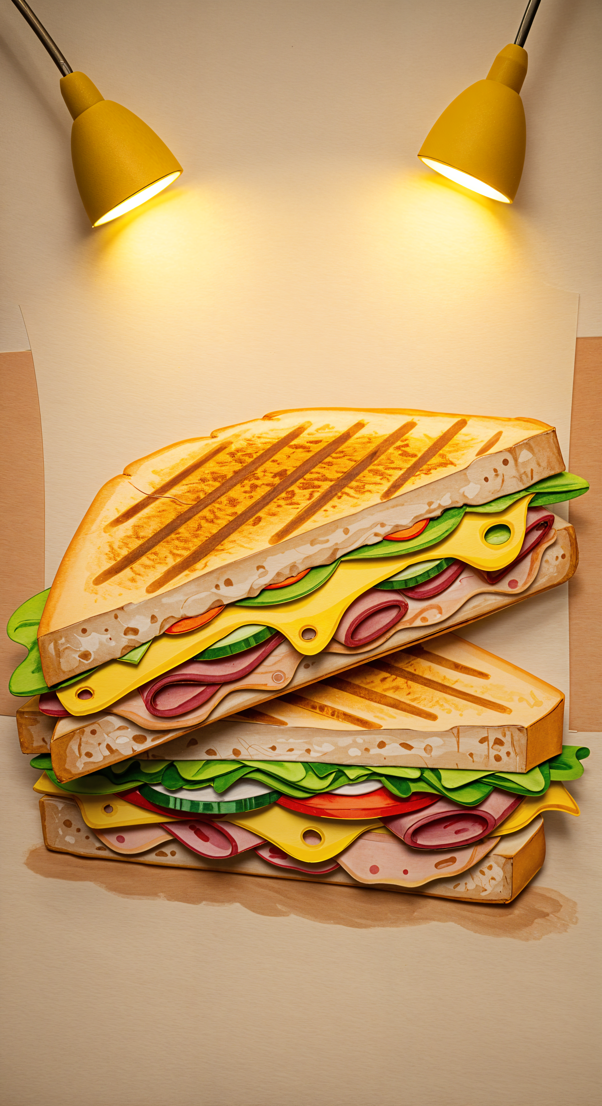 A colorful illustration of stacked panini sandwiches, illuminated by two yellow lamps, creating a vibrant phone wallpaper.