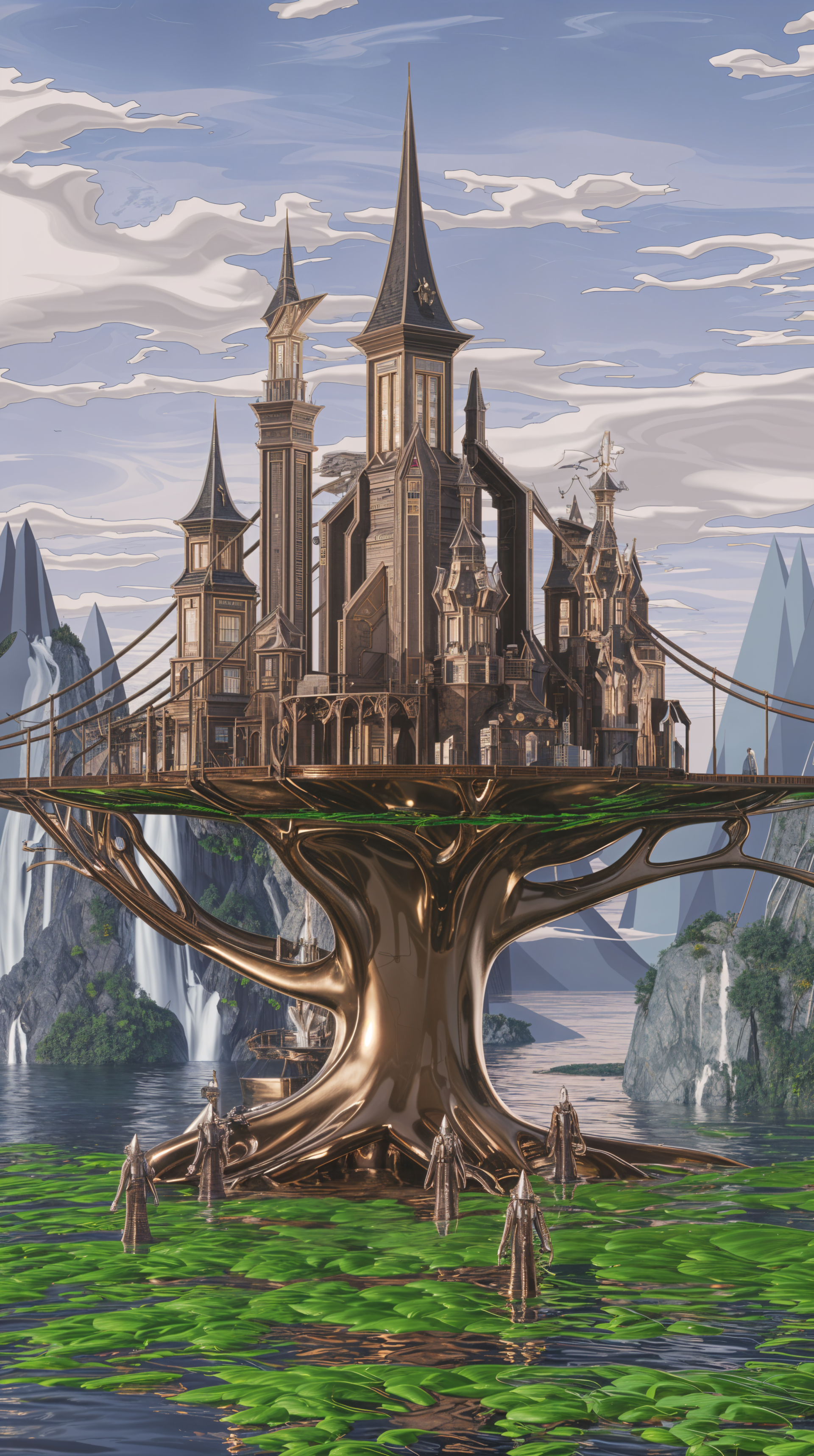 An enchanting elven city built on a majestic tree, surrounded by water and mountains, creates a stunning and immersive phone wallpaper.