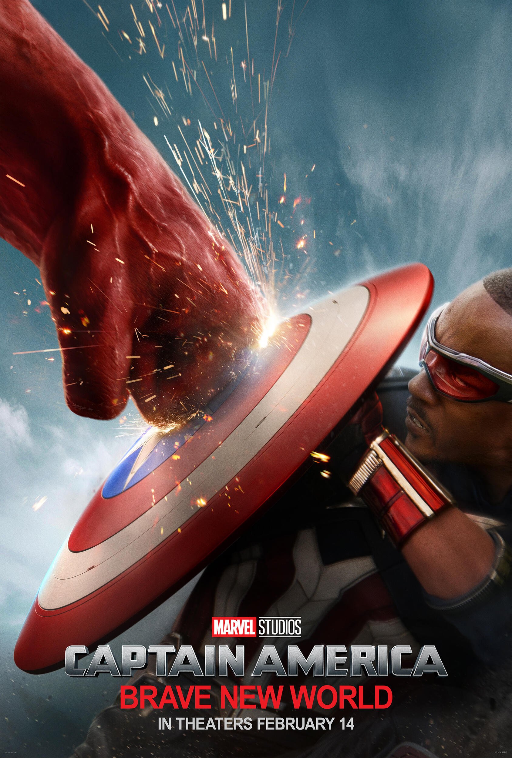A dynamic phone wallpaper from Captain America: Brave New World, featuring a close-up of a fist striking Captain America's shield, with explosive sparks, highlighting action and heroism.