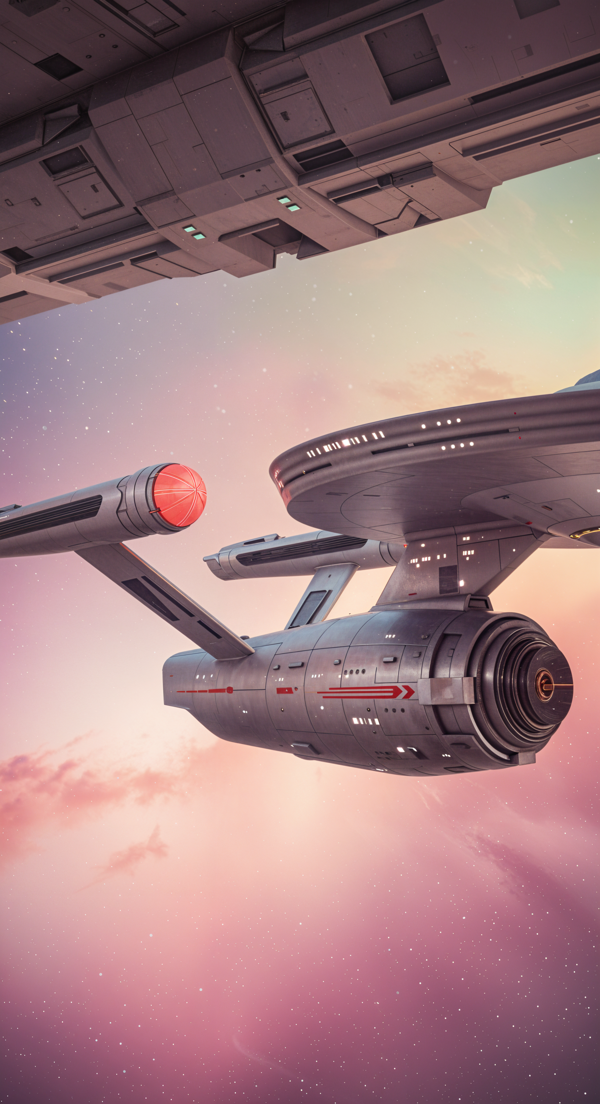 A stunning phone wallpaper featuring the iconic starship Enterprise from Star Trek, set against a dreamy, pastel-colored cosmic backdrop.