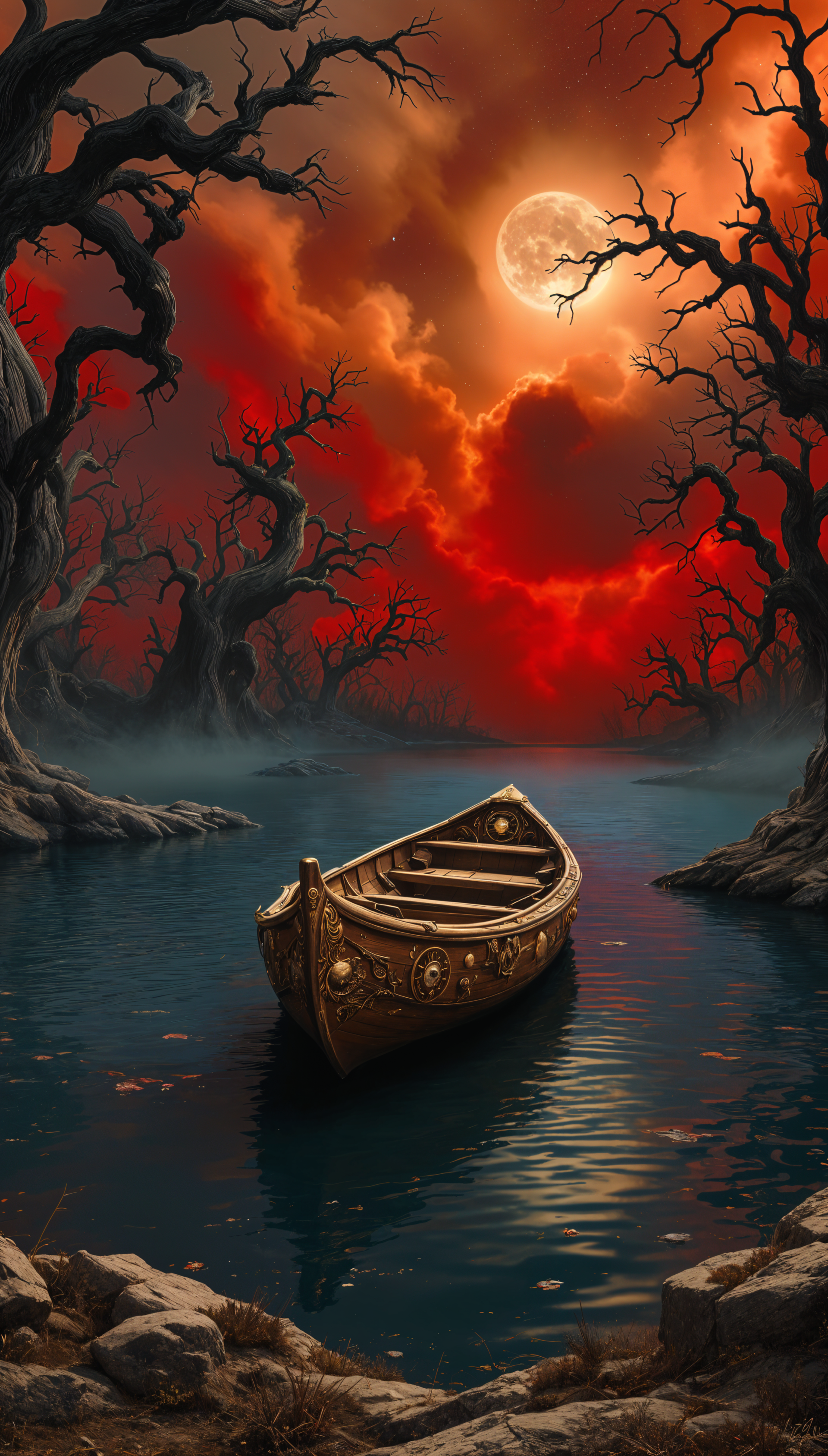 A haunting landscape featuring a golden boat floating on dark waters, surrounded by eerie, twisted trees under a dramatic red sky and a glowing full moon.