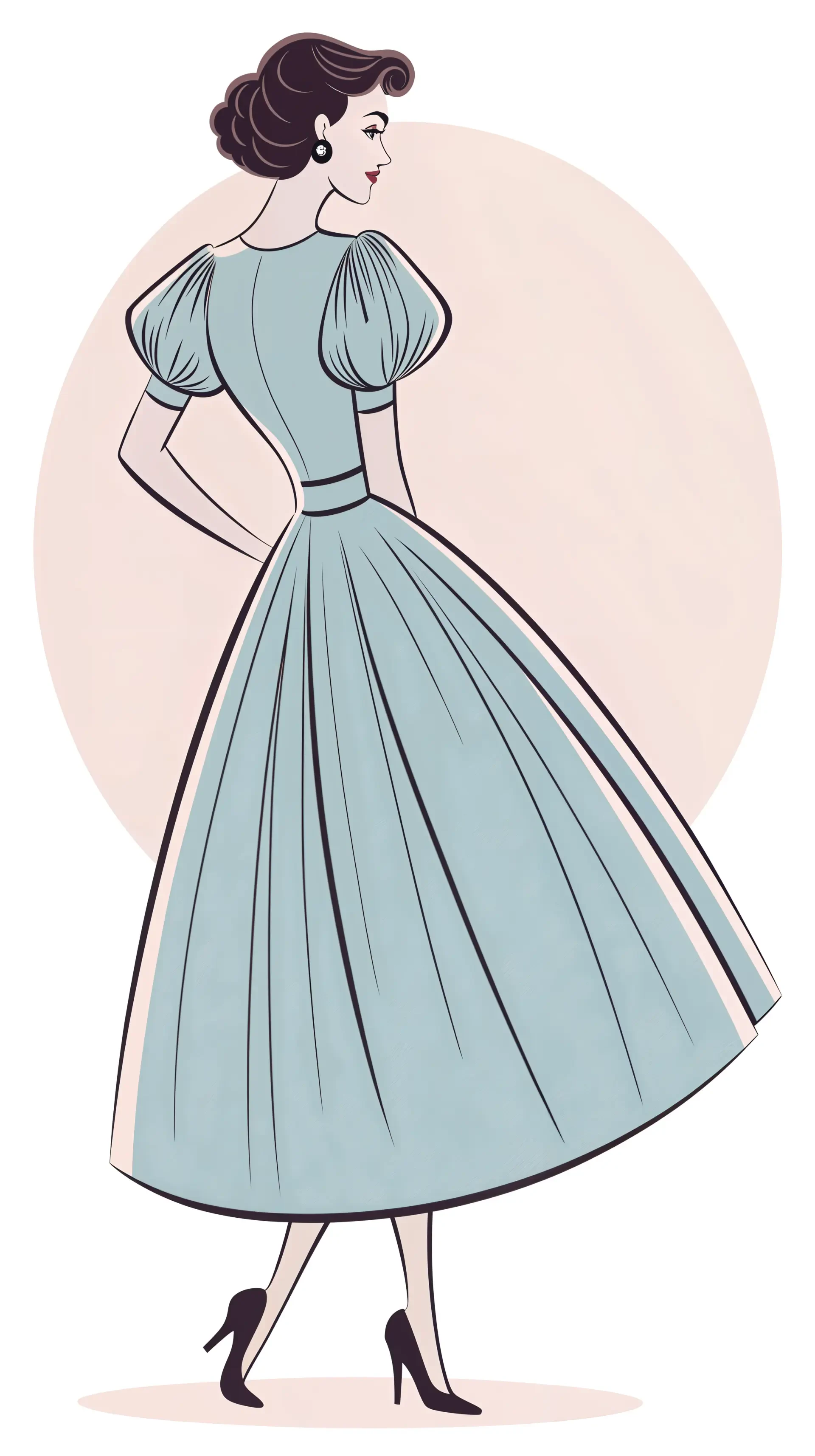 A feminine silhouette in a elegant blue dress with puffed sleeves, gracefully posed against a soft circular backdrop, creating a stylish phone wallpaper design.