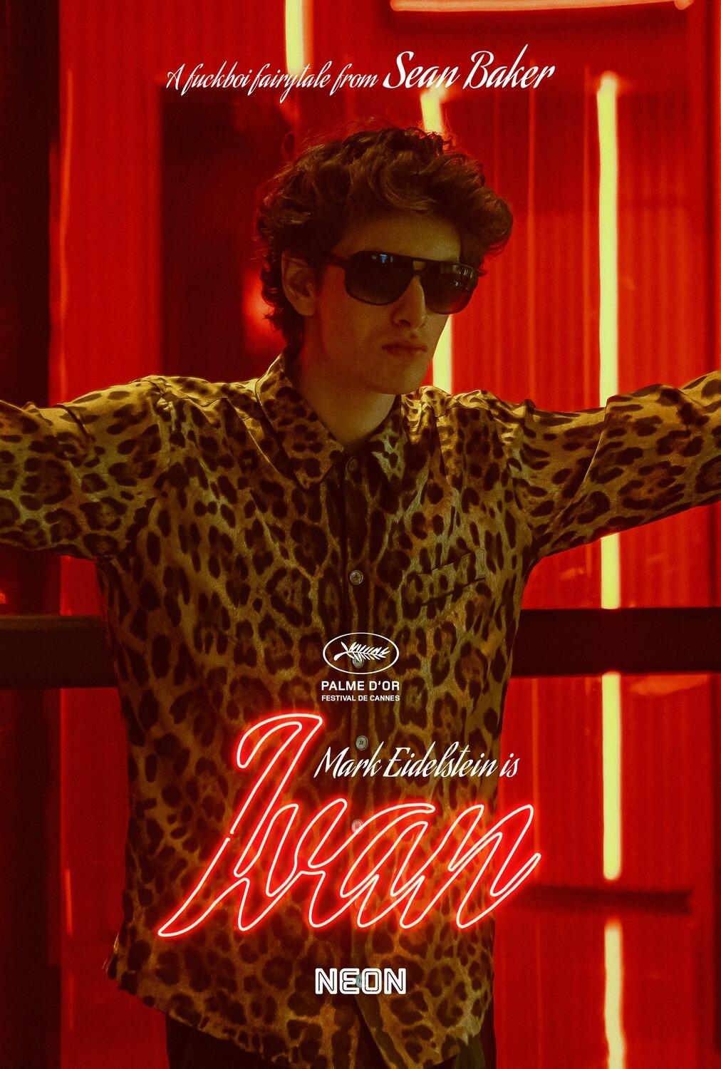 A vibrant phone wallpaper for the movie Anora (2024), featuring a character in a leopard-print shirt against a neon red background. Directed by Sean Baker.