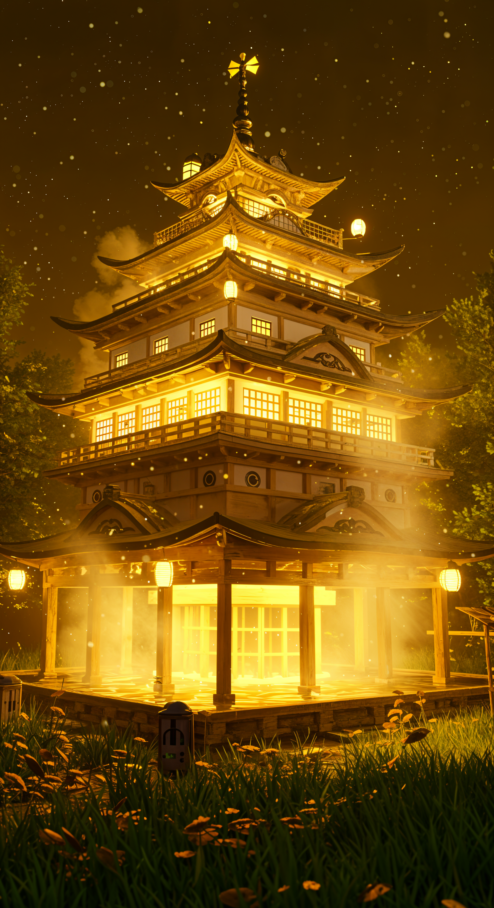 A beautifully illuminated pagoda surrounded by lush greenery and soft lighting, set against a starry night sky, serving as an enchanting phone wallpaper.