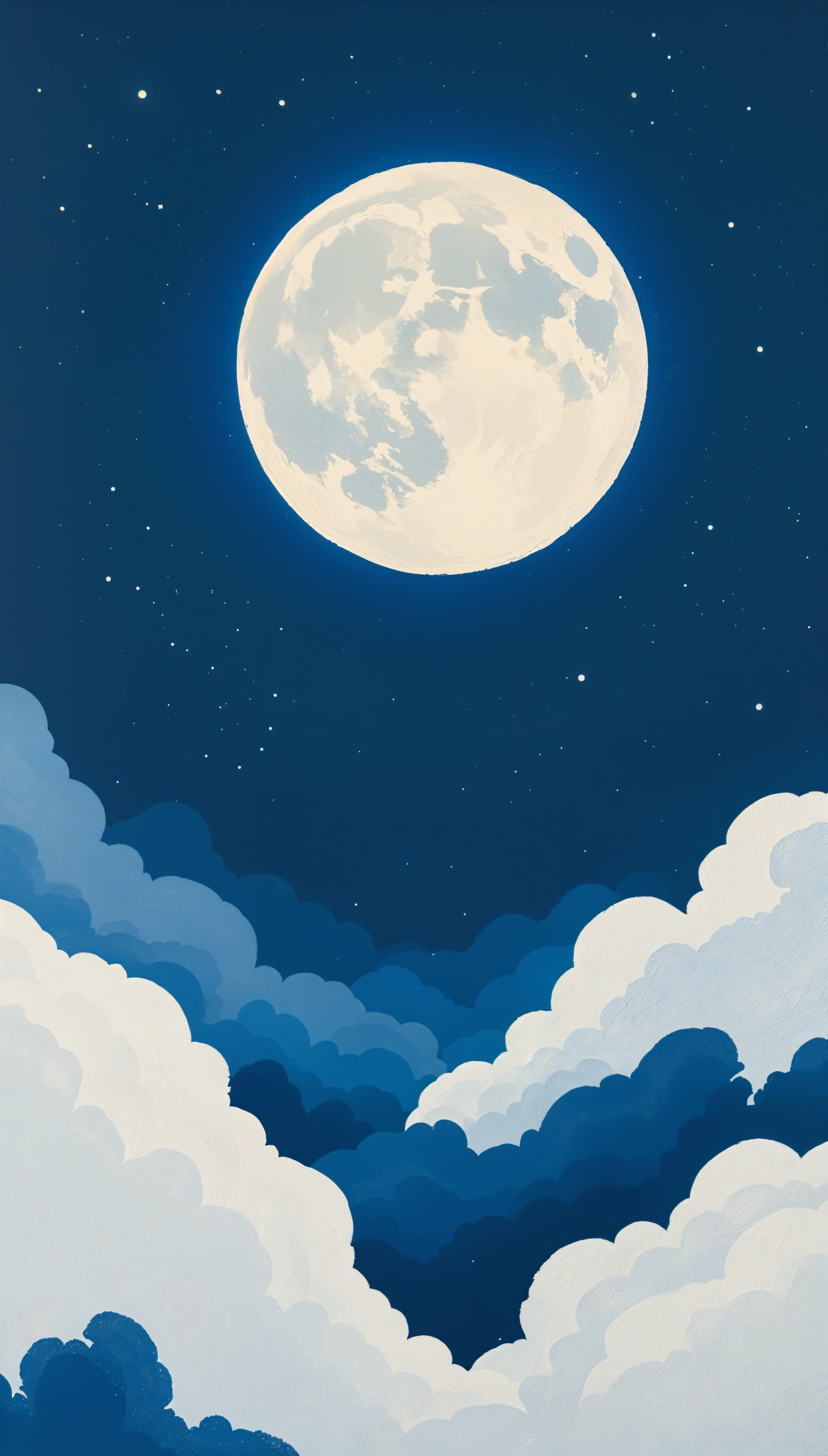 A serene moonlit sky featuring a radiant full moon amidst soft clouds, creating a tranquil backdrop for a phone wallpaper.