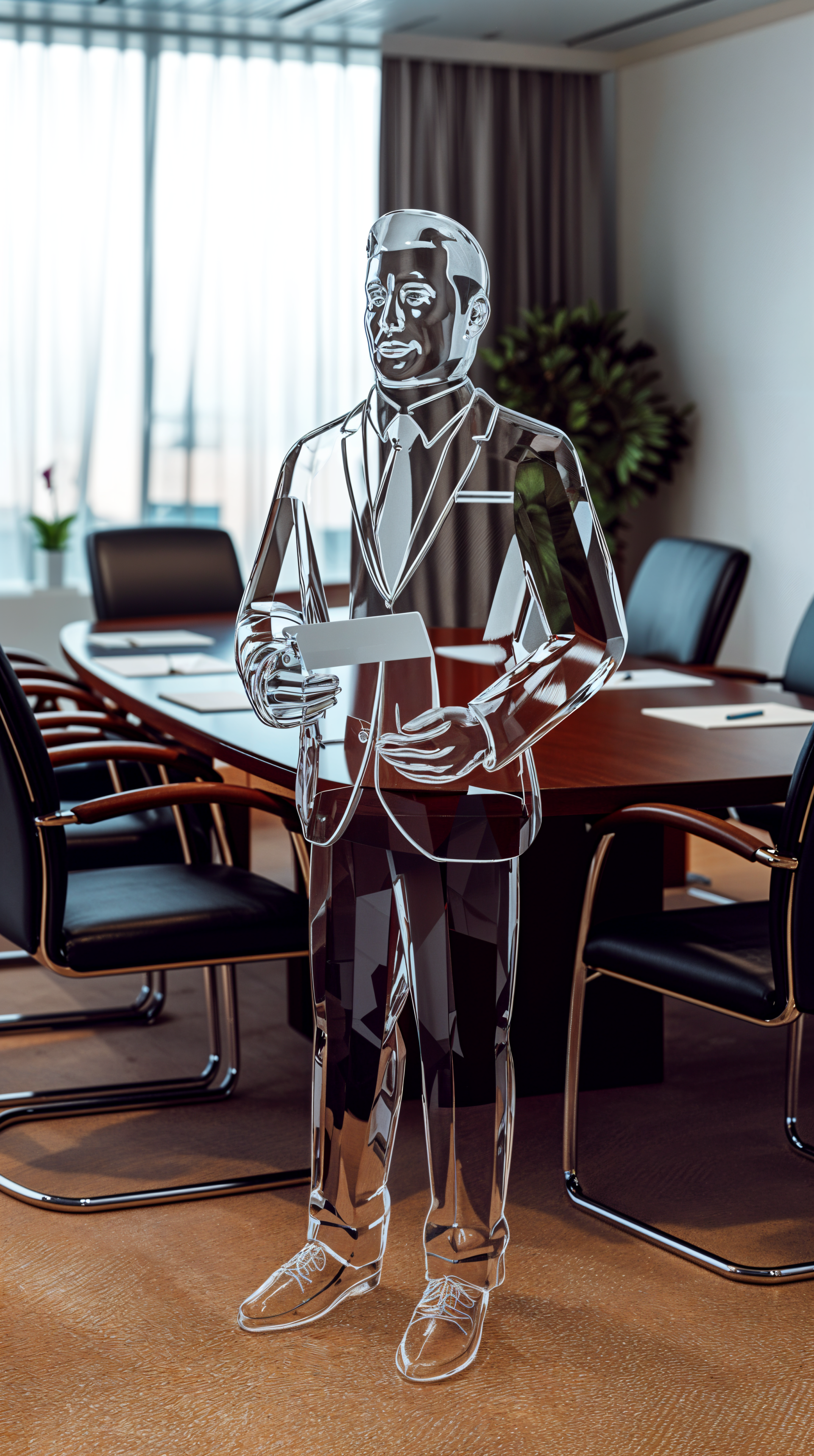 A stylish business man stands confidently in a modern conference room, holding documents, with a large meeting table and chairs in the background, designed as a phone wallpaper.