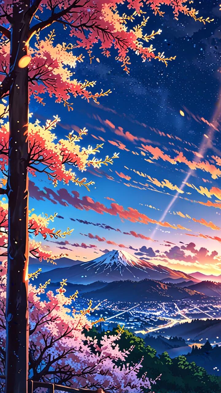 Anime-style artistic cityscape wallpaper featuring a vibrant mountain, cherry blossoms, and a starry sky, designed for seamless display on iPhone and Android phones.