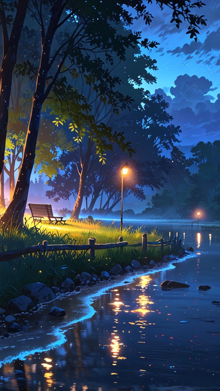 Anime-style artistic phone wallpaper capturing a peaceful river park at dusk, with glowing streetlights, lush trees, and serene water reflecting the beauty of nature on iPhone and Android.