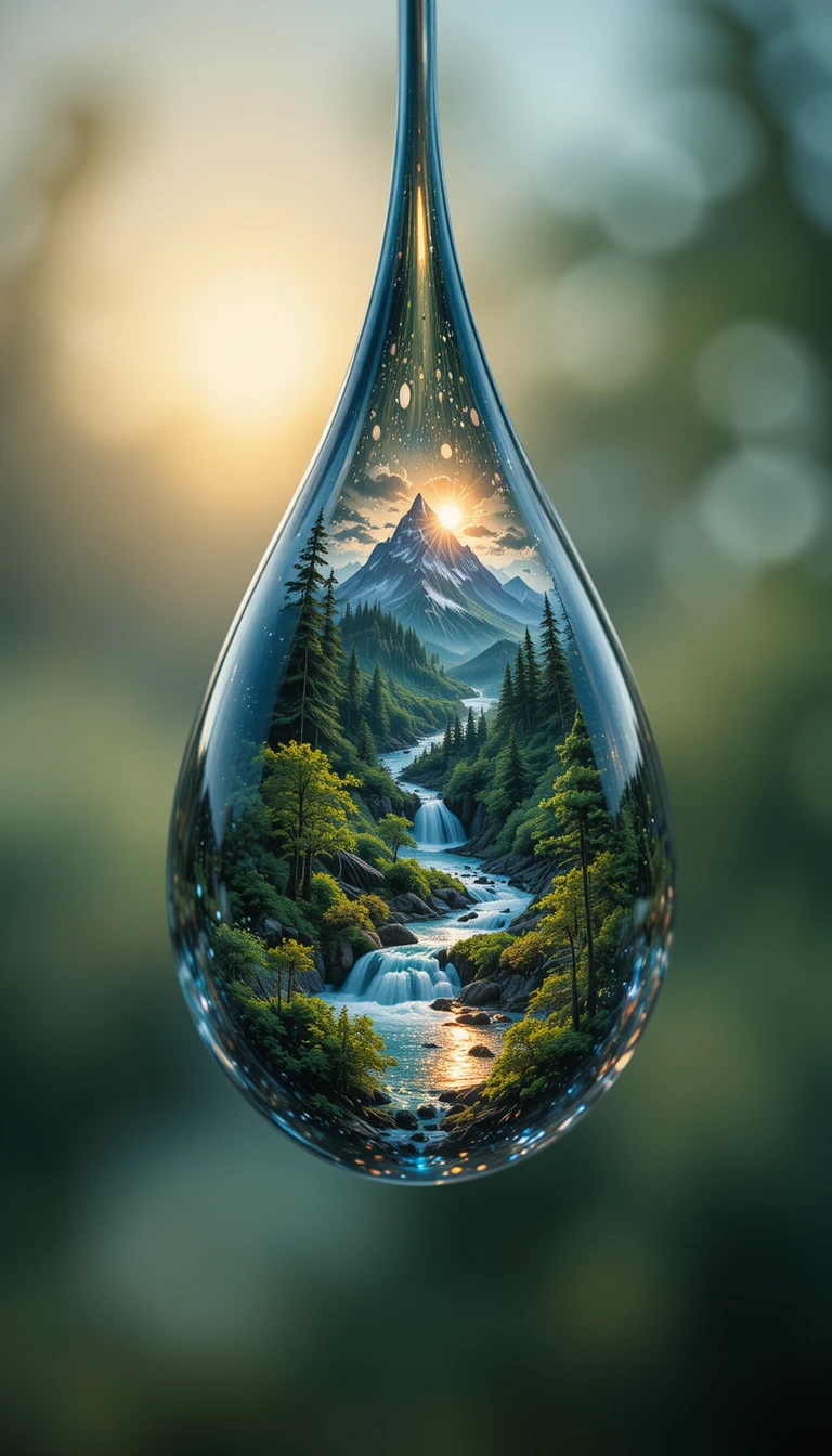Close-up of a drop of water, in it a micro world, forest, mountain, sun, river. by neuro21