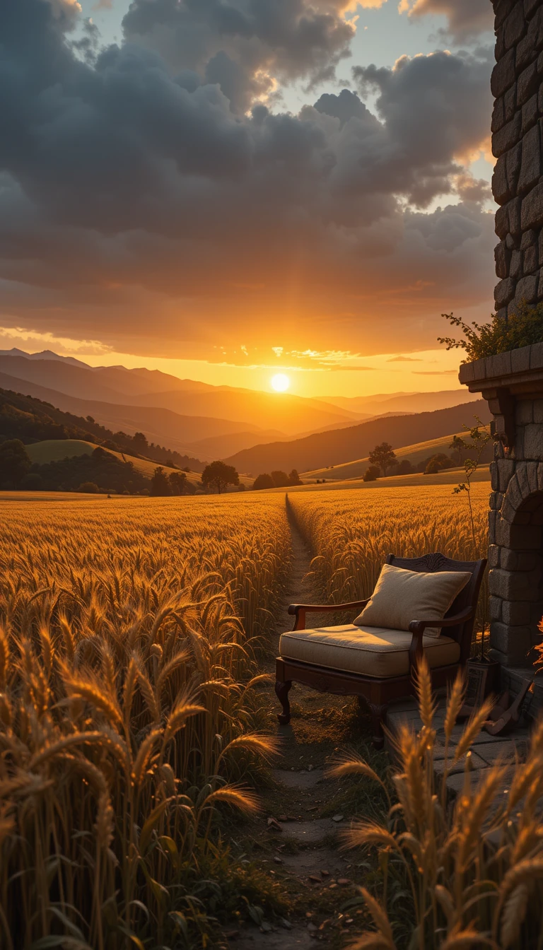 A simple bedroom chair with a Golden wheat field at sunset, vast expanse of ripe wheat stalks by neuro21