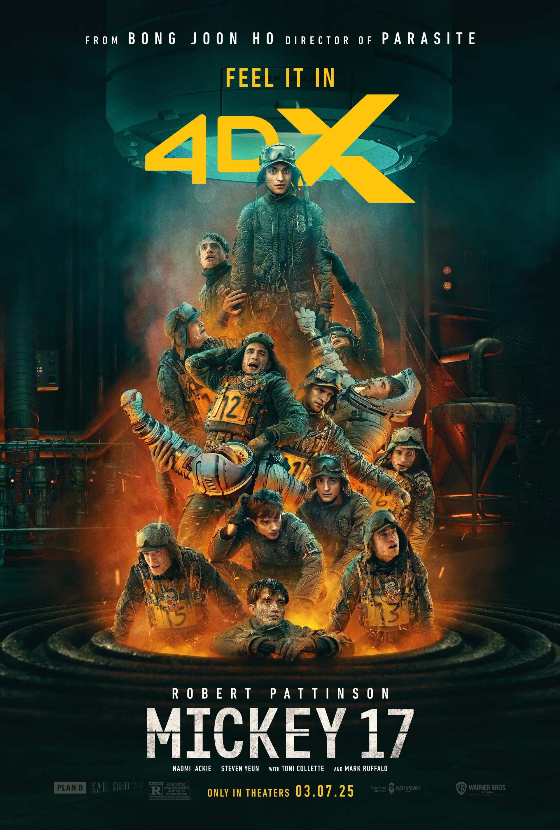 A visually striking phone wallpaper for the movie *Mickey 17* (2025), directed by Bong Joon Ho, featuring characters in a futuristic, dramatic setting. Release date: 03.07.25.