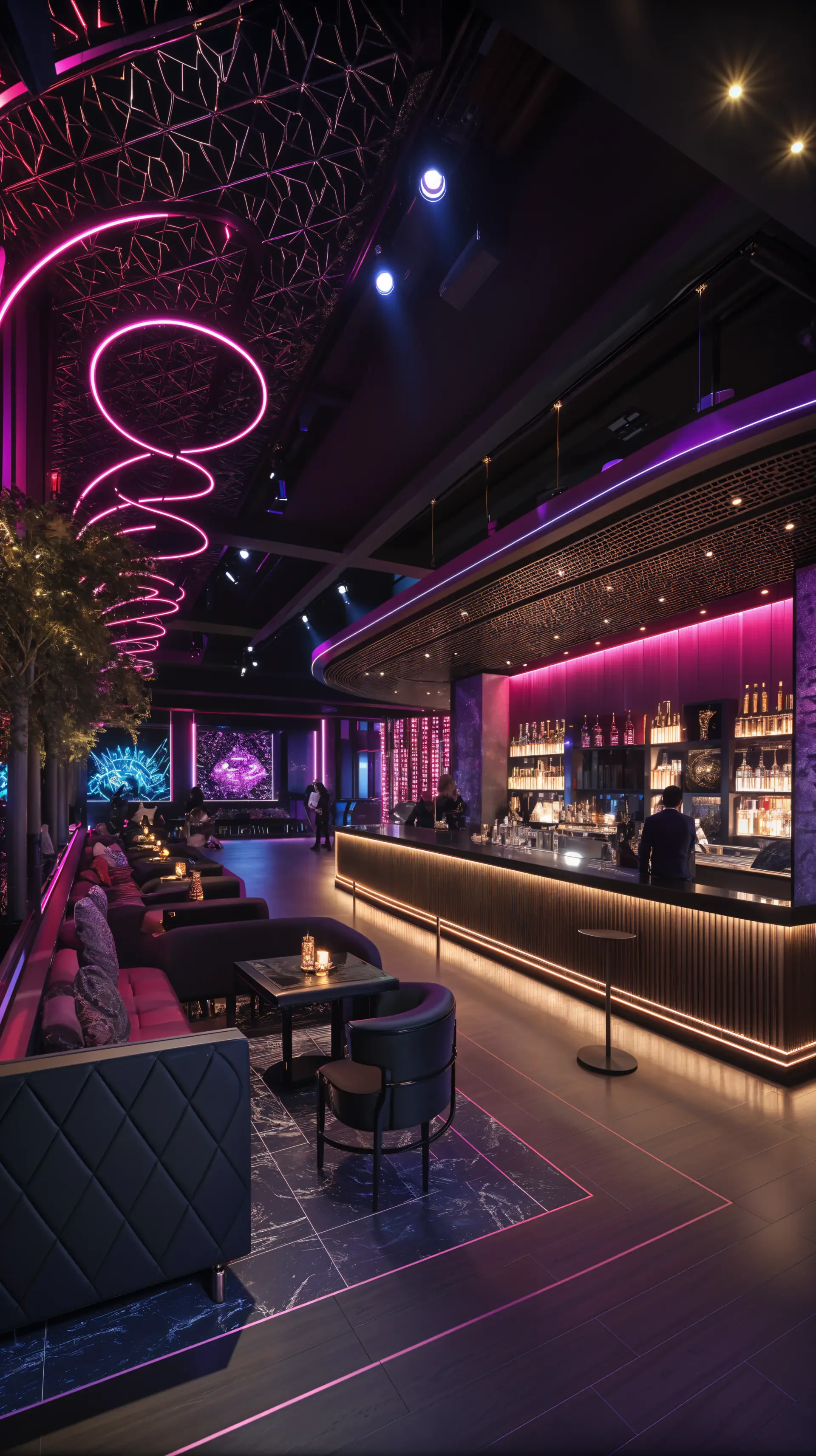 A vibrant nightclub interior featuring glowing pink lights and a stylish bar area. The sleek design and cozy seating create an inviting atmosphere, making it an eye-catching phone wallpaper.