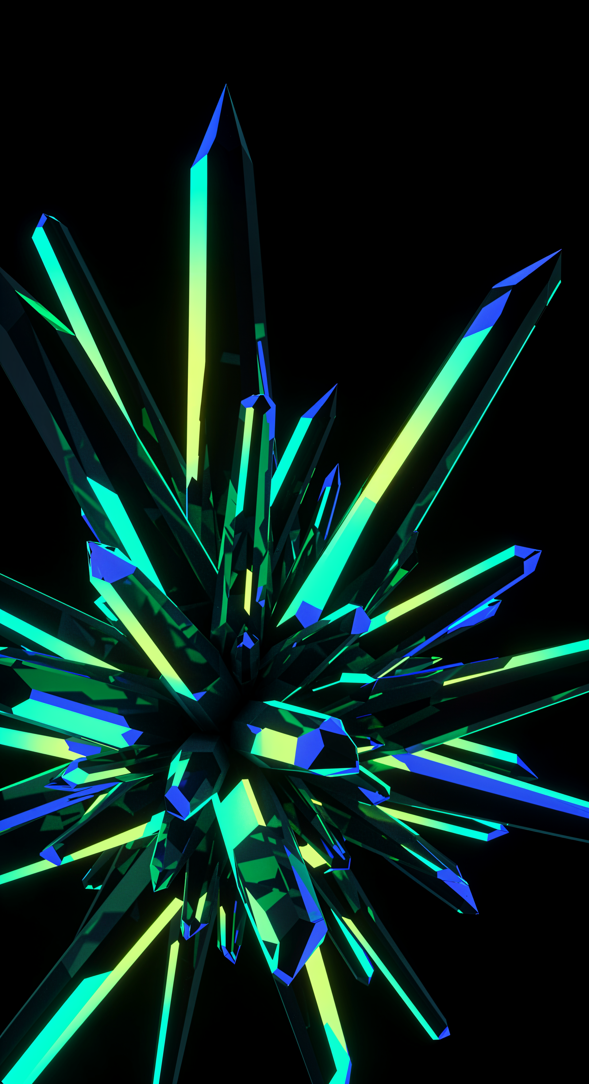 A vibrant, fluorescent crystal explosion in shades of green and blue against a black background, designed as an eye-catching phone wallpaper.