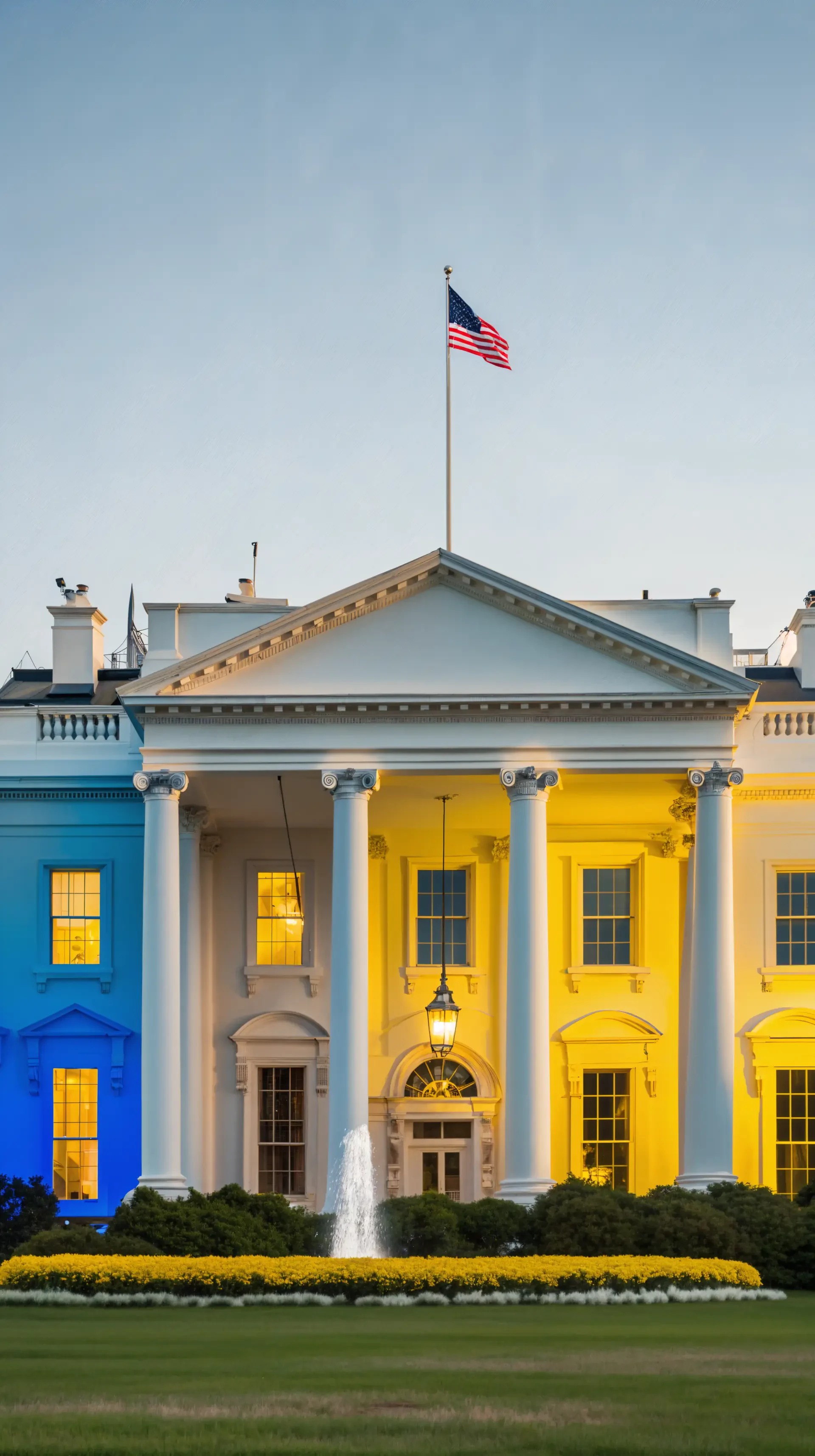 The White House illuminated in vibrant blue and yellow hues, with the American flag flying above, creates a striking phone wallpaper scene.