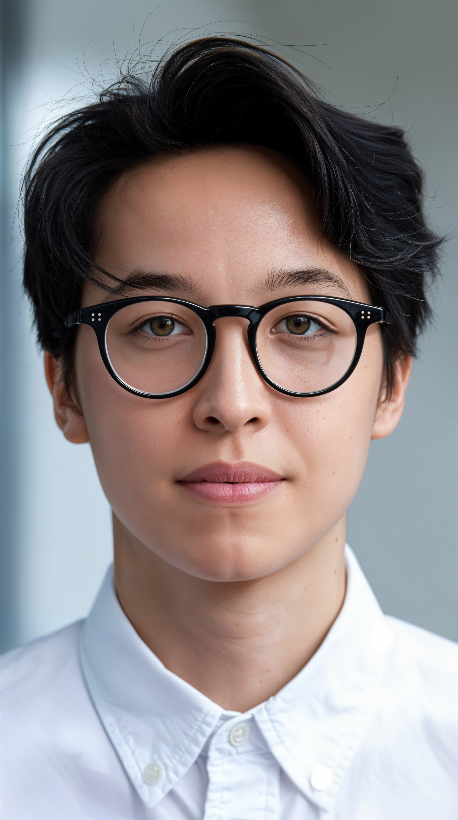 Portrait of a young adult with black glasses and casual white shirt, styled as a headshot phone wallpaper for iPhones and Android devices.