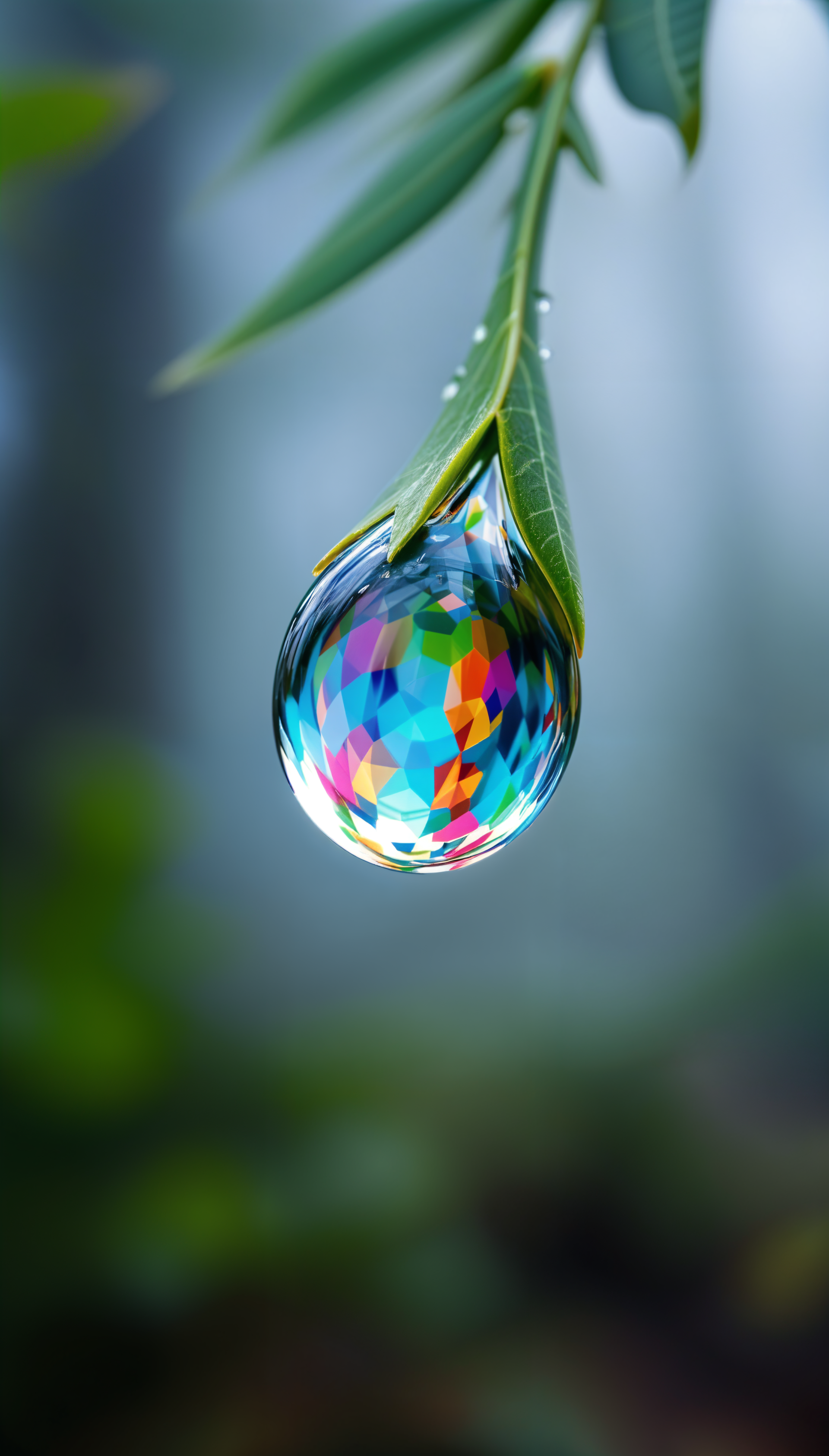 A close-up of a colorful dew drop hanging from a green leaf, reflecting vibrant patterns, creating a stunning and serene phone wallpaper.