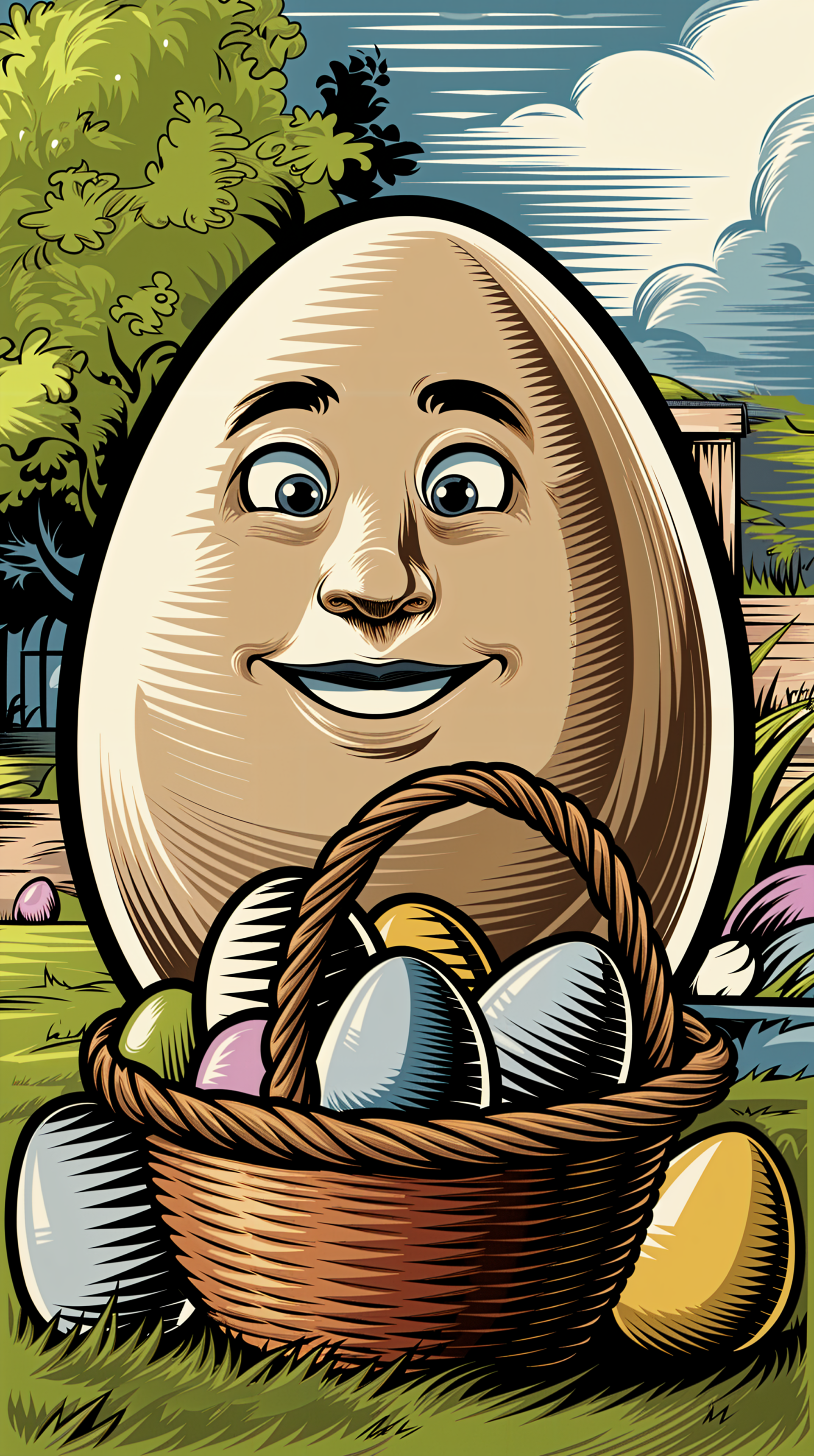 A cheerful cartoon egg with a smiling face stands near a basket filled with colorful Easter eggs, set in a vibrant outdoor scene, designed as a phone wallpaper.