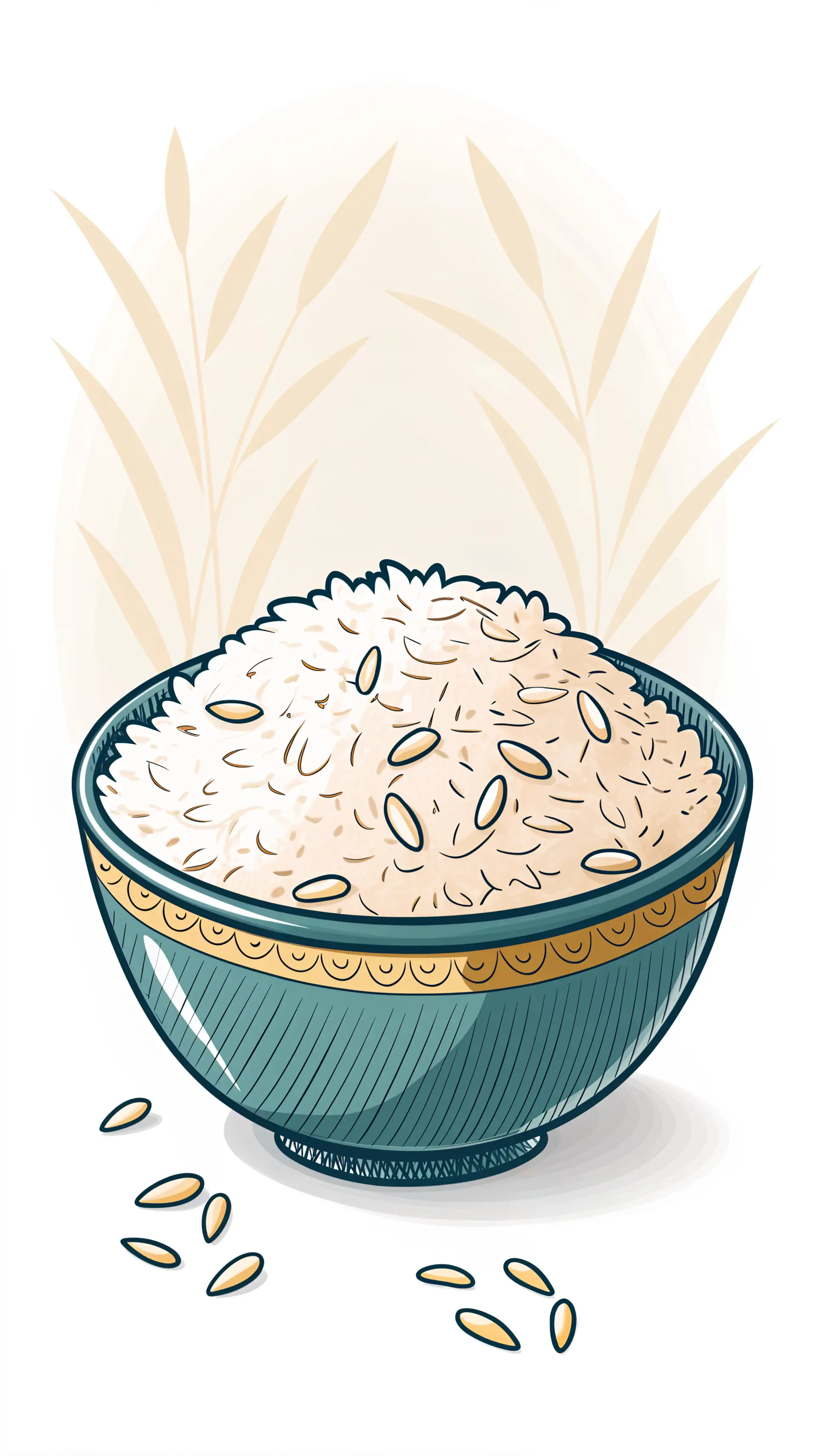 A beautifully illustrated bowl of rice, surrounded by grains, set against a soft, minimalistic background. This design serves as an appealing phone wallpaper.