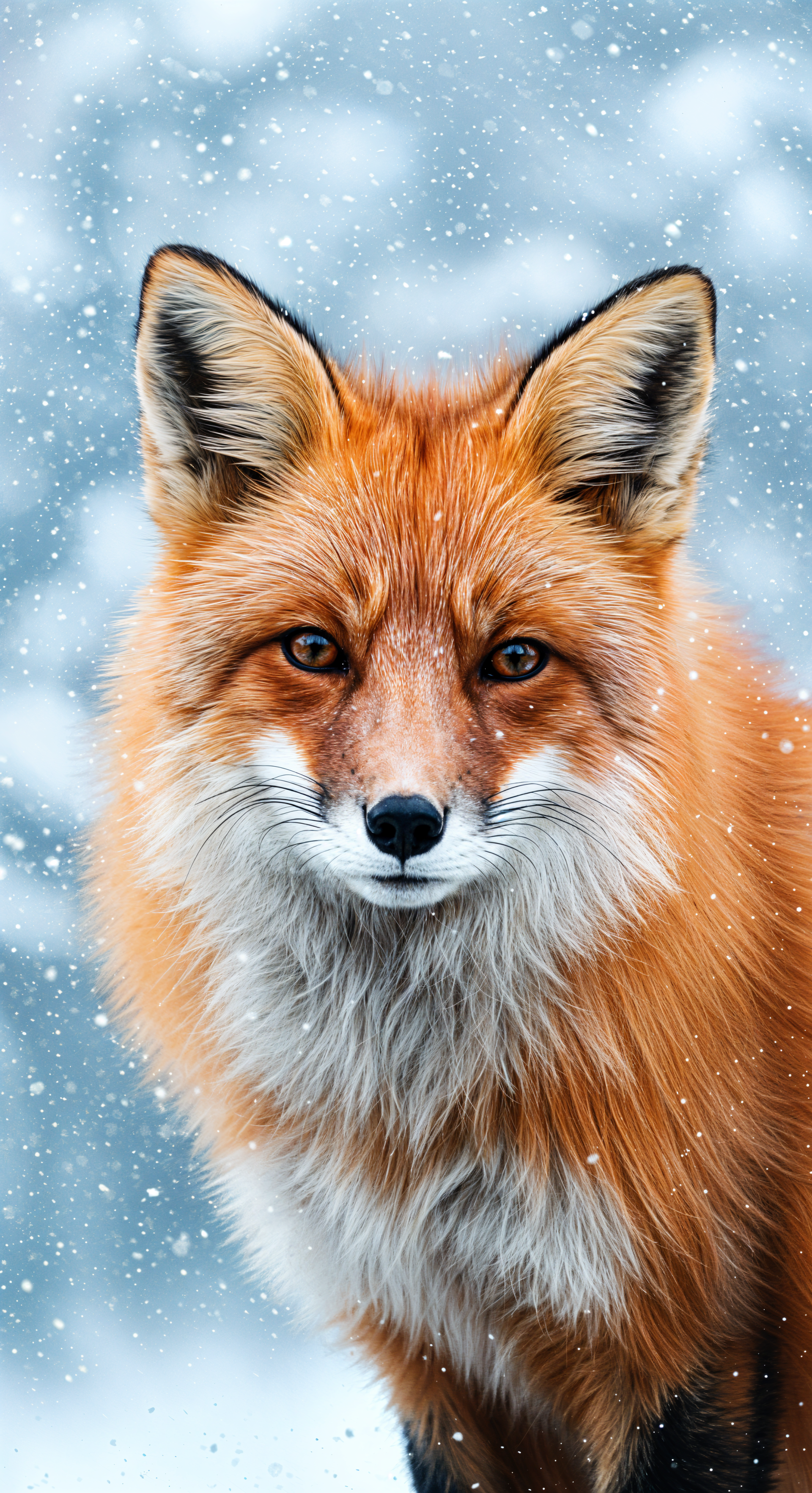 A striking red fox with a lush orange coat and bright eyes, set against a snowy backdrop, makes a captivating phone wallpaper. Snowflakes gently fall around this beautiful creature.