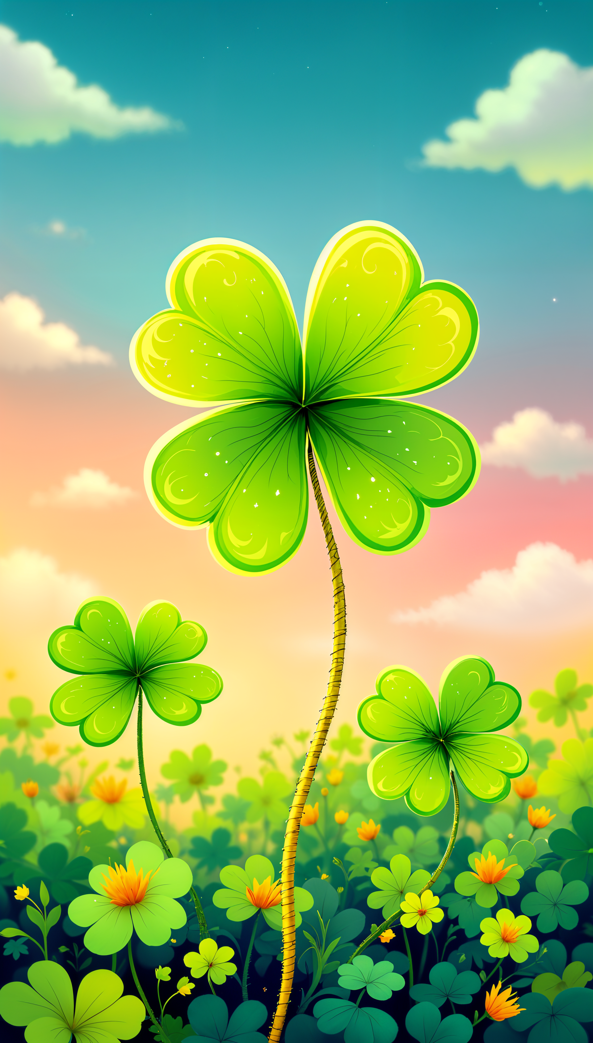 A vibrant phone wallpaper featuring lush green clovers against a serene background of soft clouds and a colorful sunset. Cheerful and fresh, it brings a touch of nature to your screen.