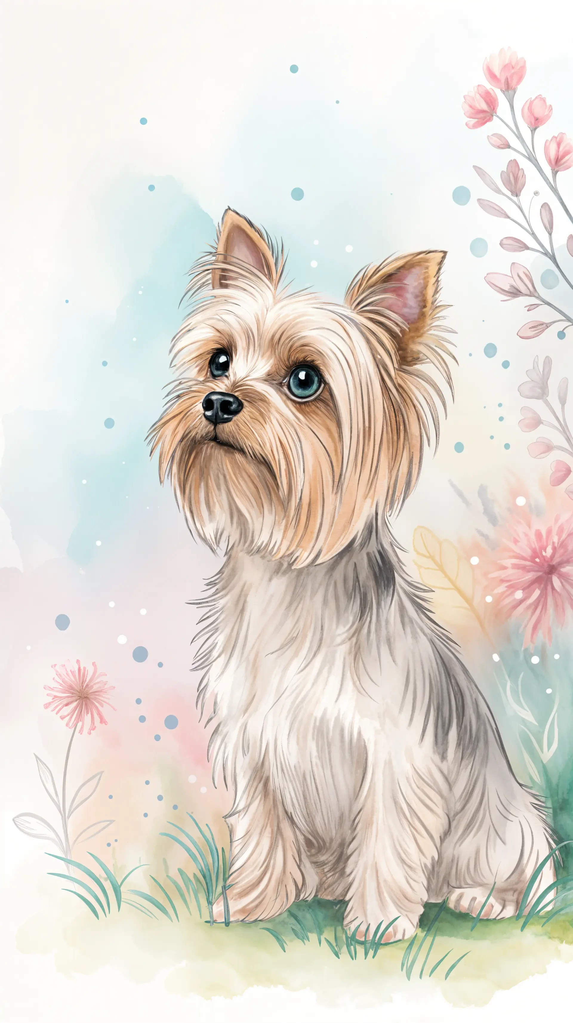 A charming illustration of a Yorkshire Terrier surrounded by delicate flowers, designed as a vibrant phone wallpaper. The dog's expressive eyes add a touch of whimsy.